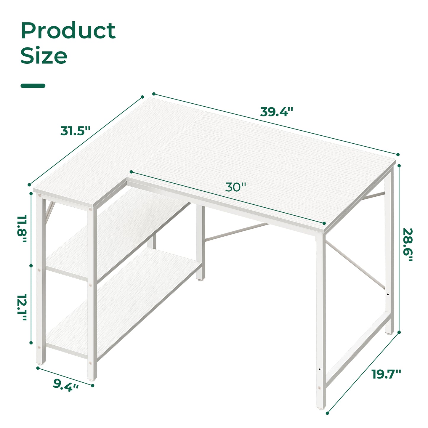 Huuger L Shaped Desk, 39 Inches Computer Desk with Reversible Storage Shelves, Gaming Desk, Corner Desk Home Office Desks, Writing Desk Study Desk with Metal Frame, White