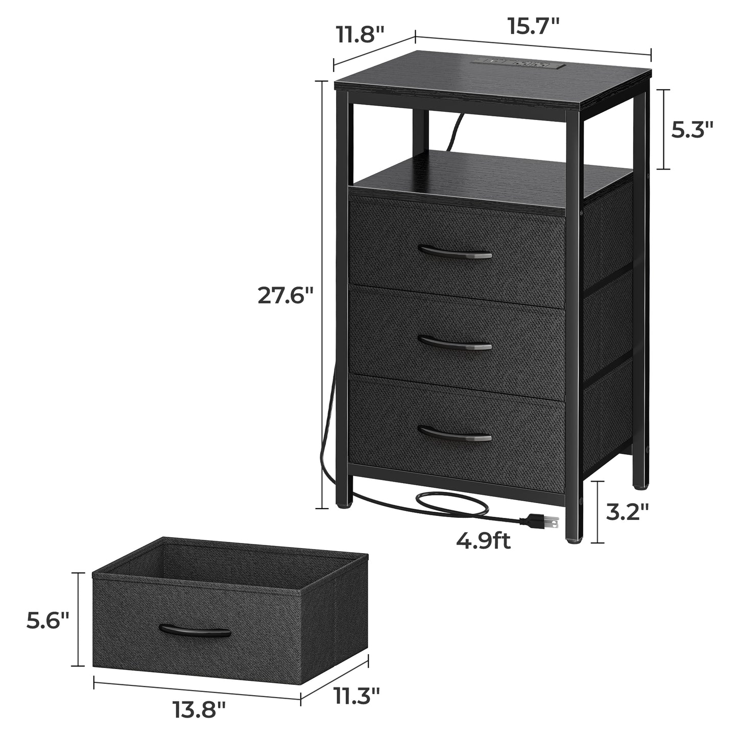 Huuger Nightstand with Charging Station, 27.6 Inch Side Table with Fabric Drawers, End Table Bedside Table with USB Ports and Outlets, Night Stand for Bedroom, Black