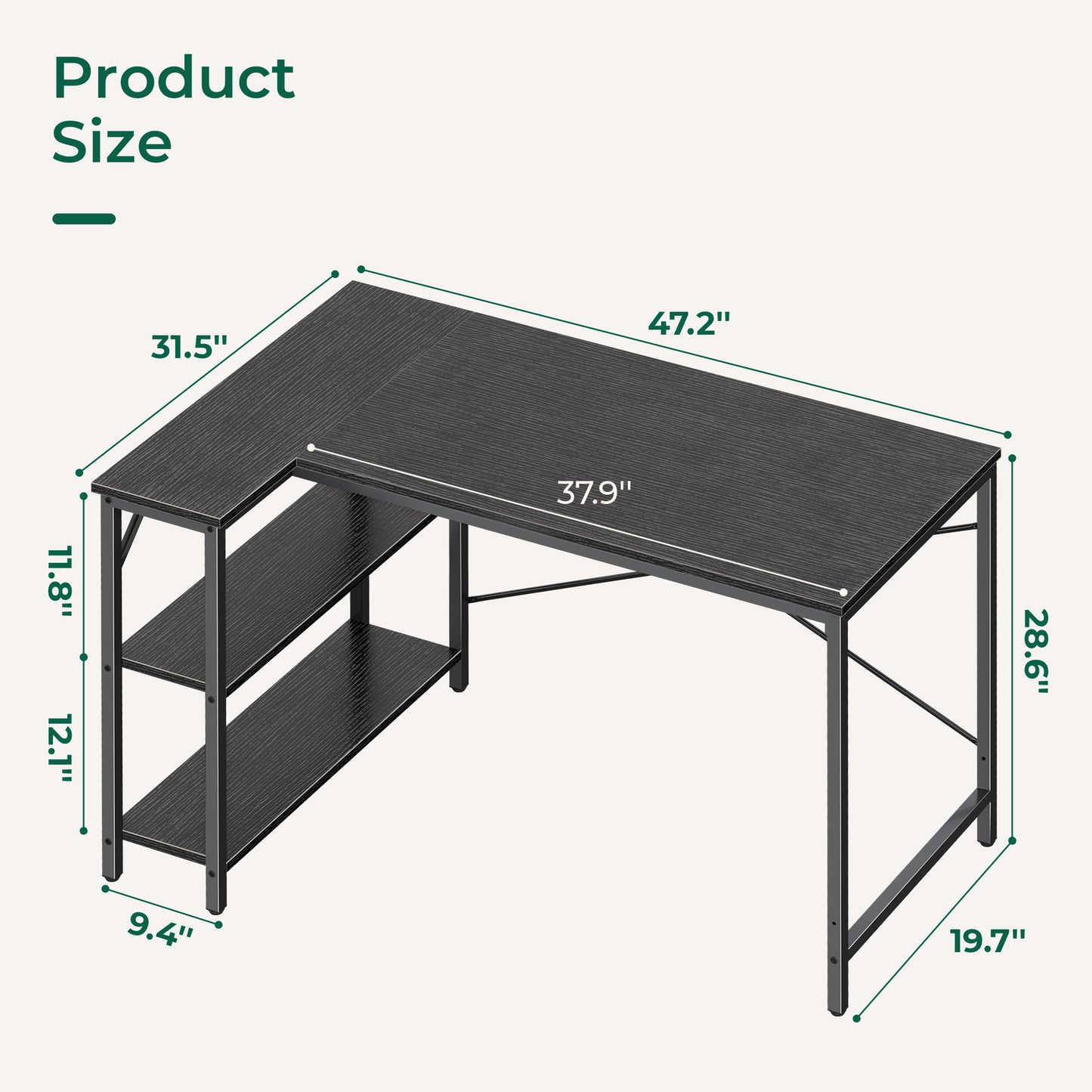 Huuger L Shaped Desk, 47 Inches Computer Desk with Reversible Storage Shelves, Black