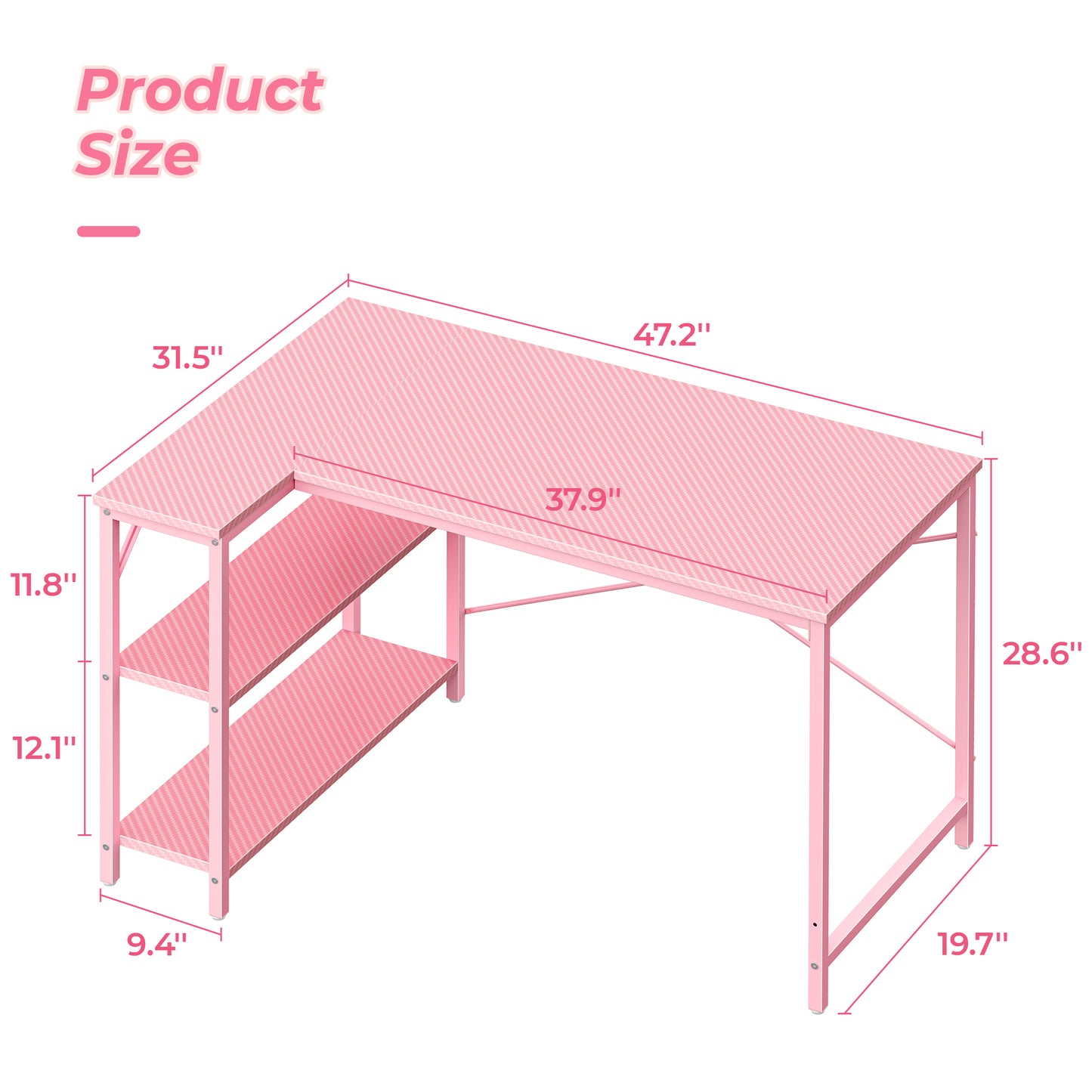 L Shaped Computer Desk with Reversible Storage Shelves, Gaming Corner Desk for Home Office, Writing Study Desk with Metal Frame, Pink