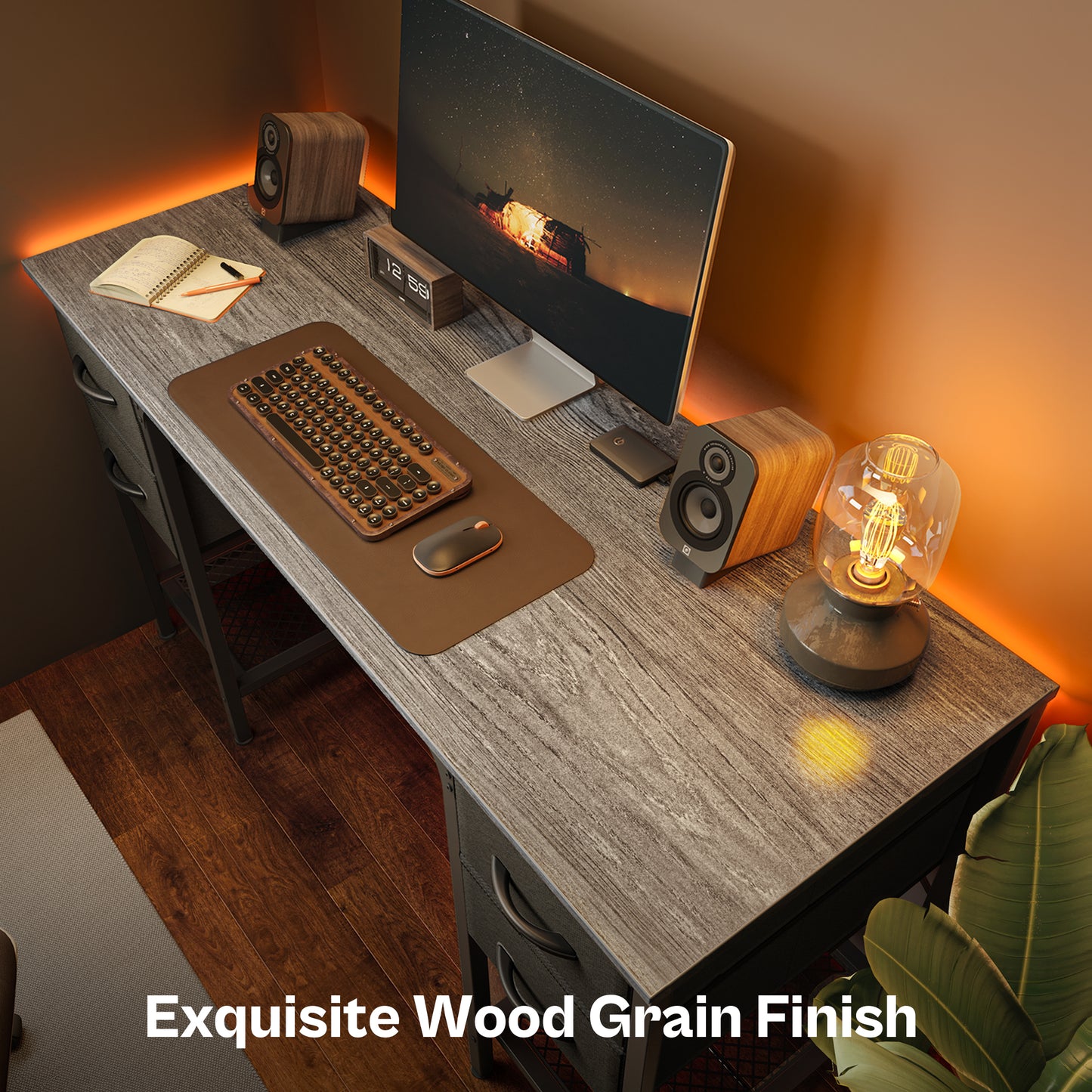 Huuger 47 Inch Computer Desk with 4 Drawers, Office Desk with Mesh Shelf, Gaming Desk, Large Storage, Writing Work Desk for Home Office, Study, Bedroom, Work from Home, Grey