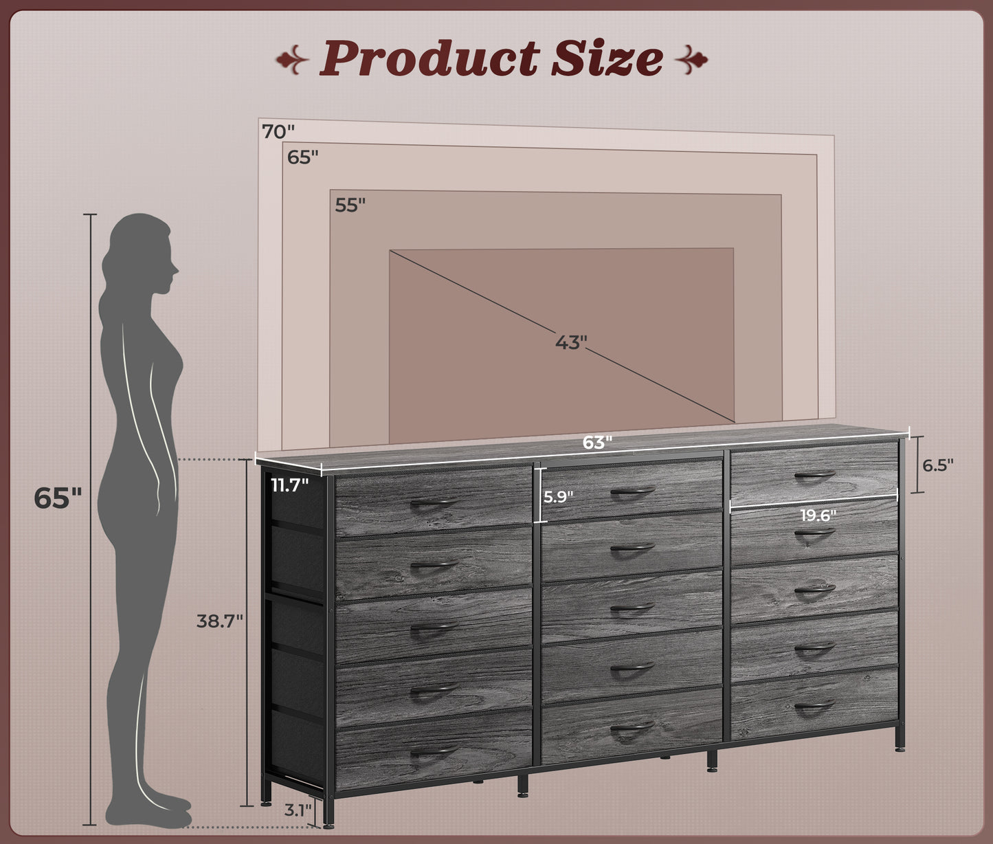 Huuger 63 Inch Long Dresser for Bedroom, TV Stand for 65, 70 Inch TV, 15 Drawer Dresser for Closet, Chest of Drawers, Large Fabric Drawers for Living Room, Grey