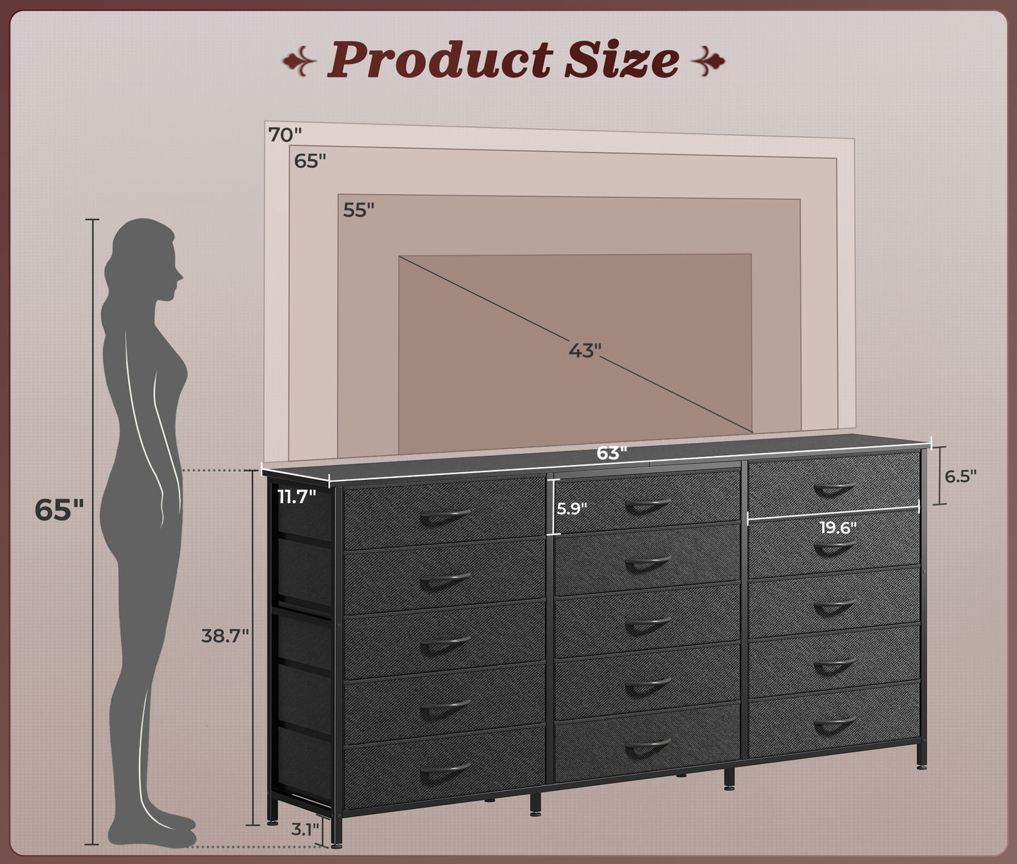 Huuger 63 Inch Long Dresser for Bedroom, TV Stand for 65, 70 Inch TV, 15 Drawer Dresser for Closet, Chest of Drawers, Large Fabric Drawers for Living Room, Black