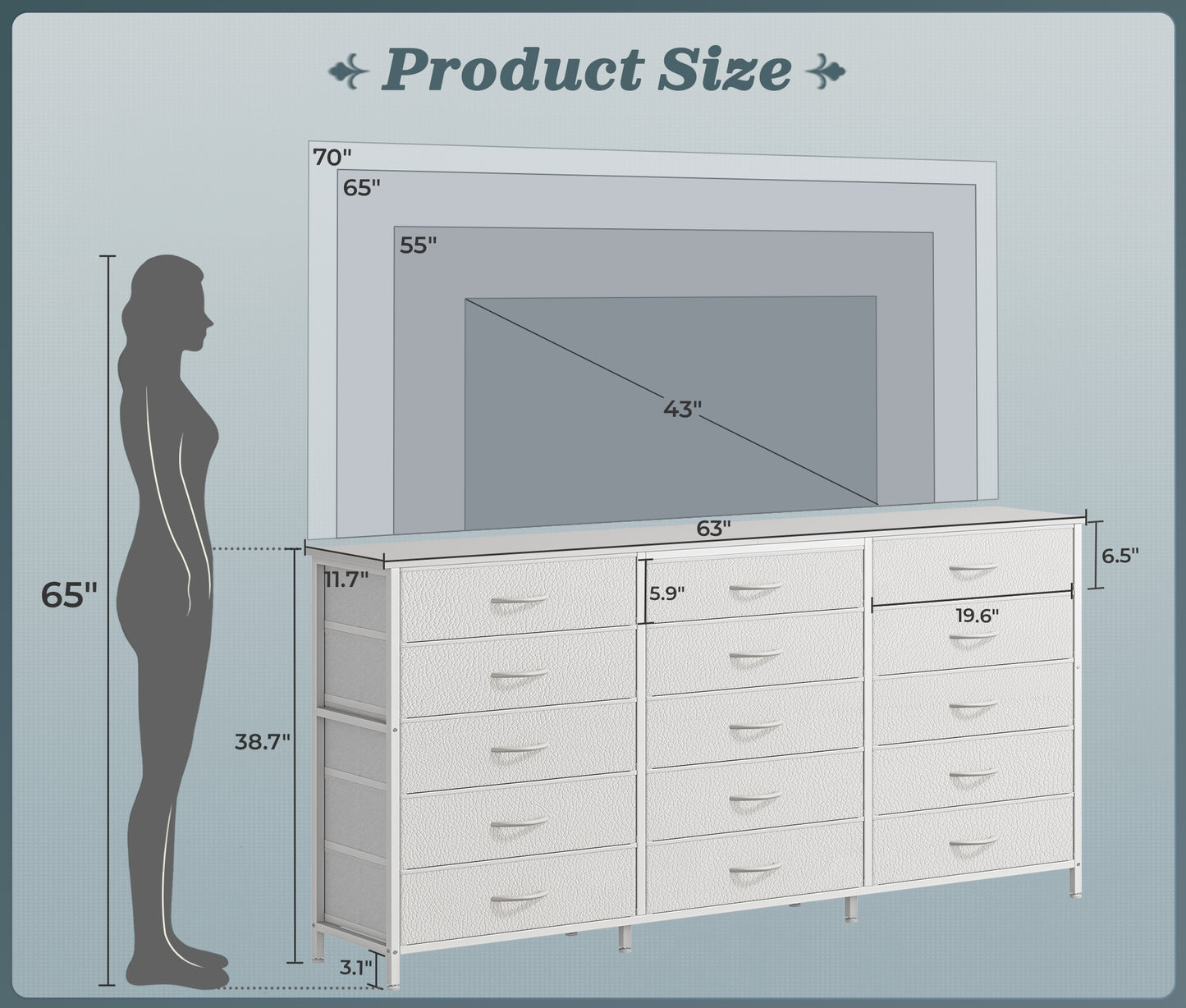 Huuger 63 Inch Long Dresser for Bedroom, TV Stand for 65, 70 Inch TV, 15 Drawer Dresser for Closet, Chest of Drawers, Large Fabric Drawers for Living Room, White