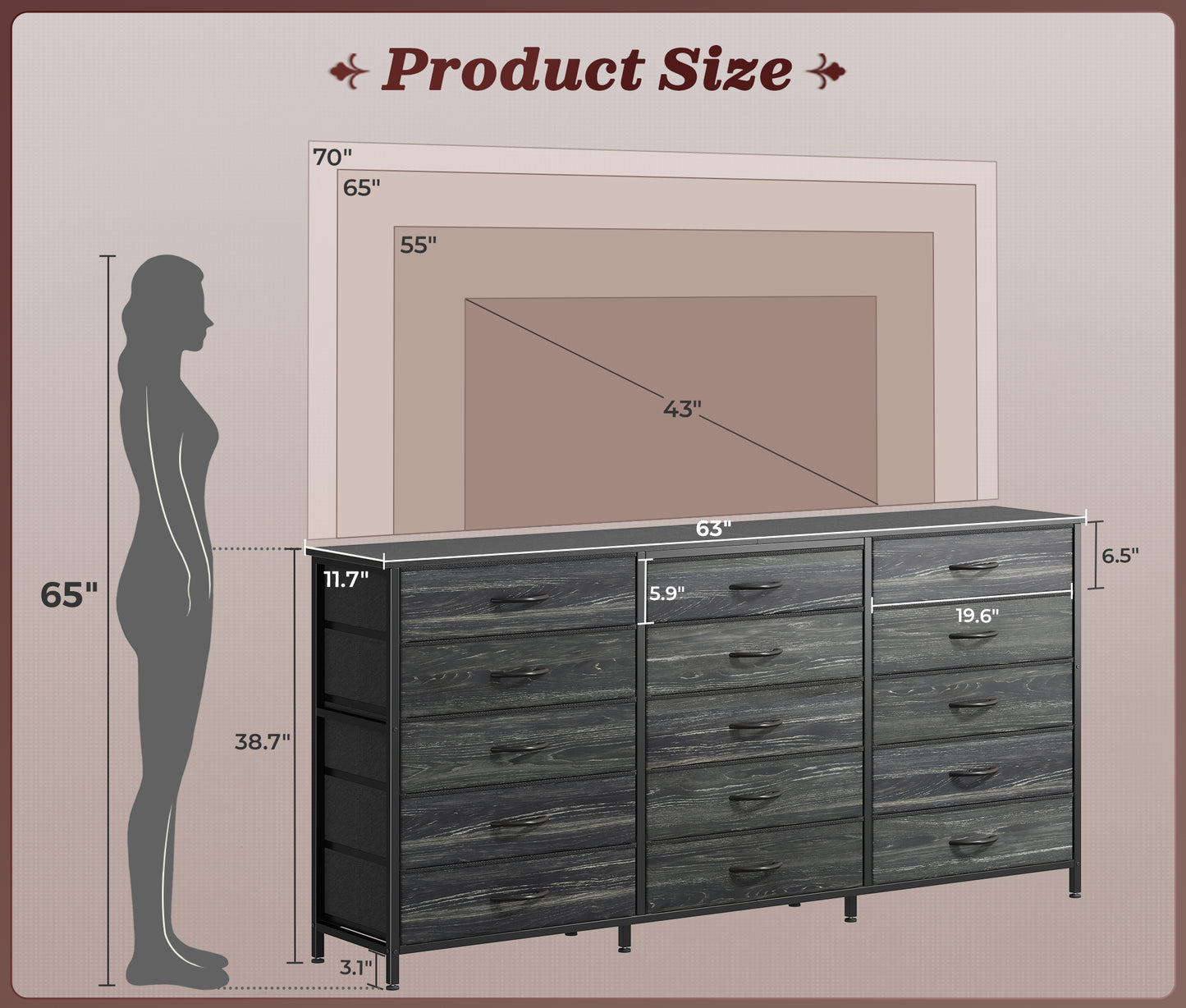 Huuger 63 Inch Long Dresser for Bedroom, TV Stand for 65, 70 Inch TV, 15 Drawer Dresser for Closet, Chest of Drawers, Large Fabric Drawers for Living Room, Charcoal Black