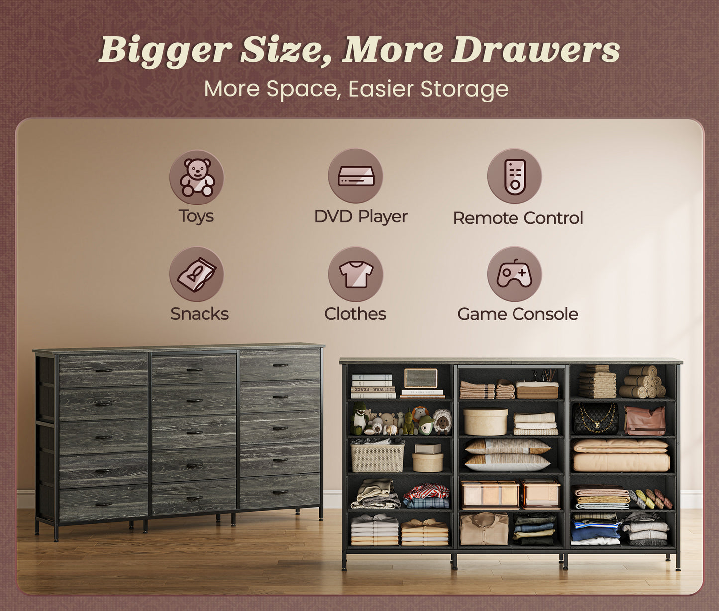 Huuger 63 Inch Long Dresser for Bedroom, TV Stand for 65, 70 Inch TV, 15 Drawer Dresser for Closet, Chest of Drawers, Large Fabric Drawers for Living Room, Charcoal Black