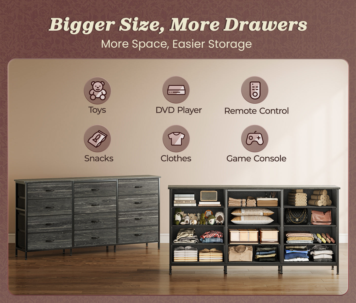 Huuger 63 Inch Long Dresser for Bedroom, TV Stand for 65, 70 Inch TV, 12 Drawer Dresser for Closet, Chest of Drawers, Large Fabric Drawers for Living Room, Charcoal Black