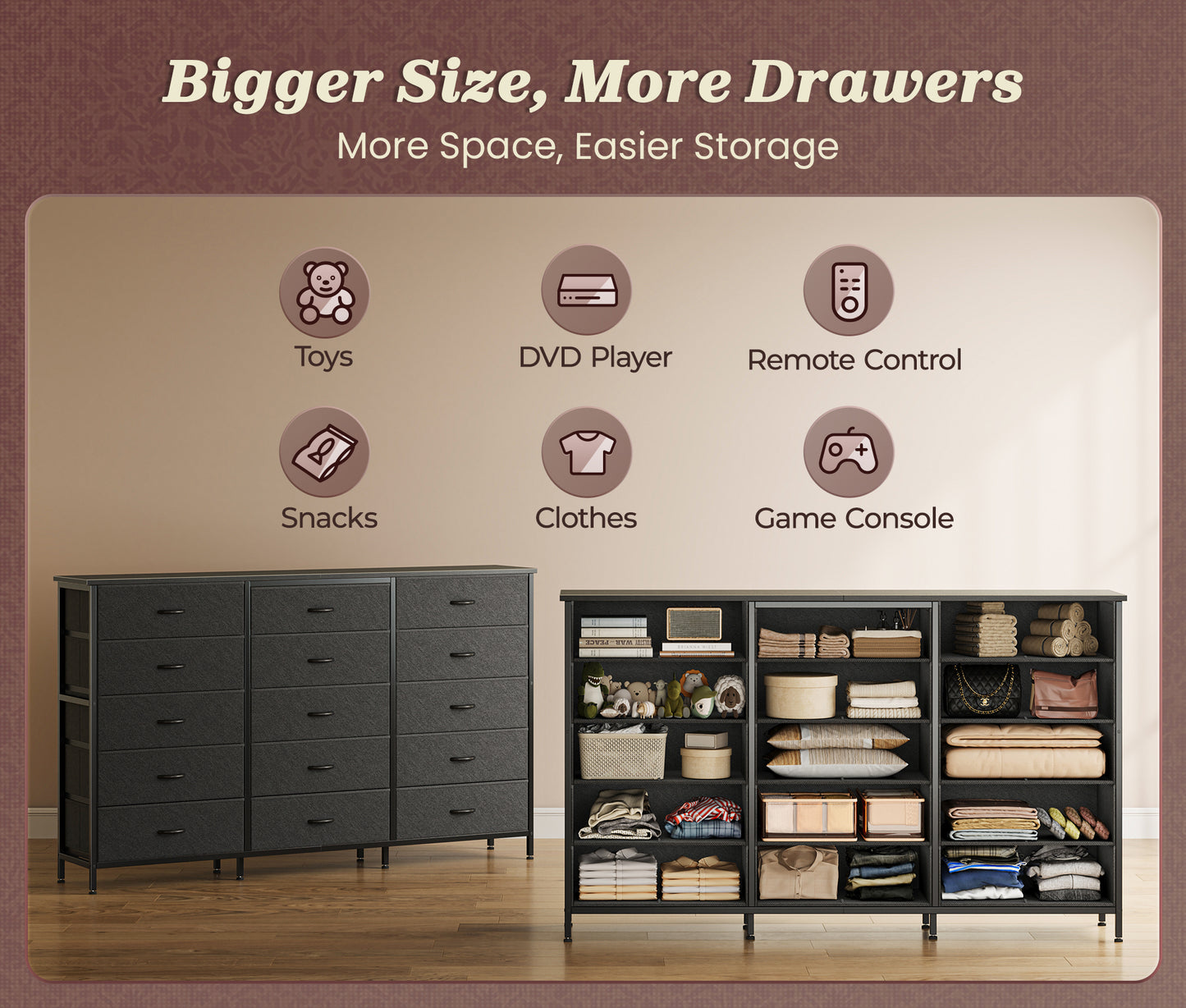 Huuger 63 Inch Long Dresser for Bedroom, TV Stand for 65, 70 Inch TV, 15 Drawer Dresser for Closet, Chest of Drawers, Large Fabric Drawers for Living Room, Black