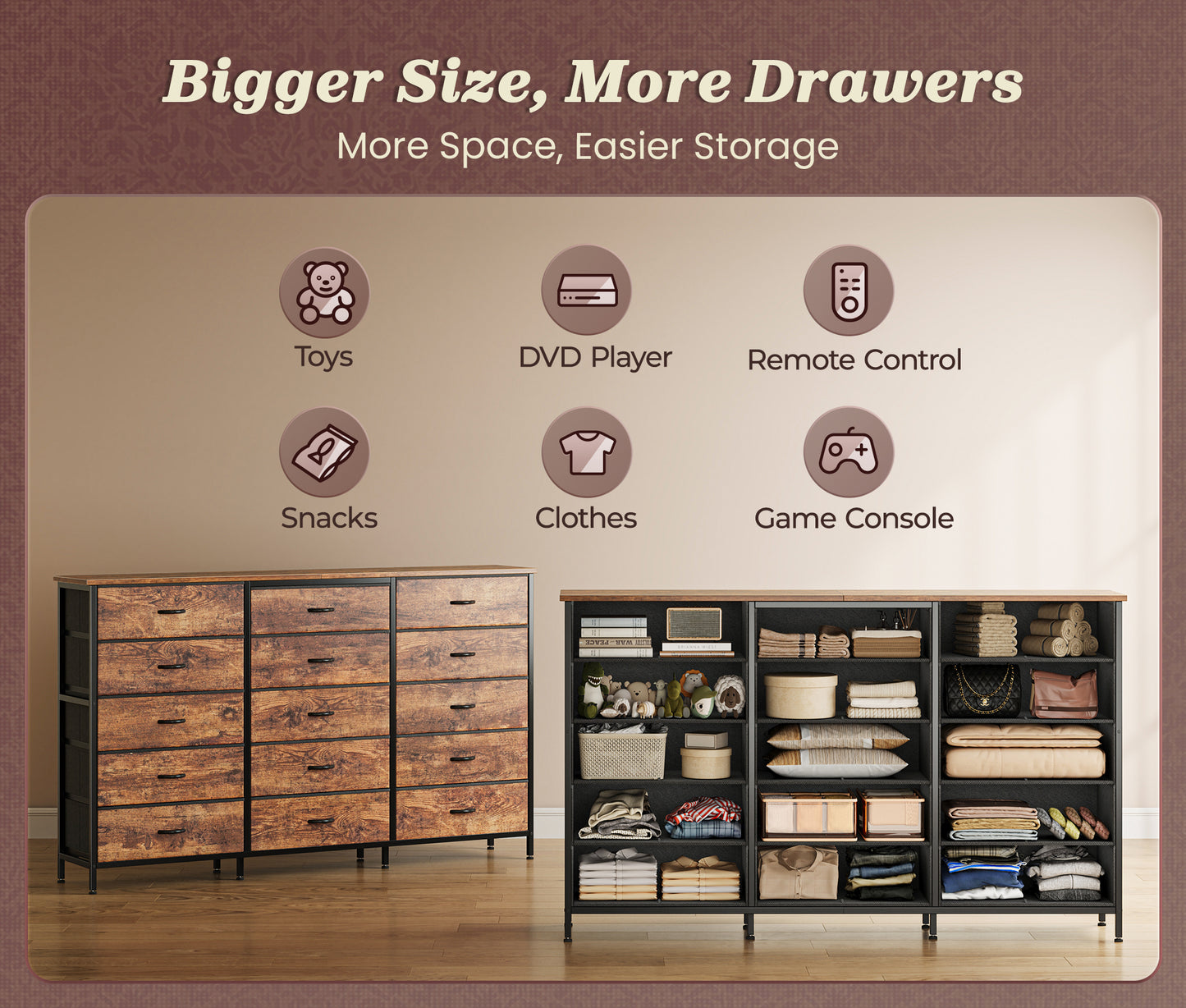 Huuger 63 Inch Long Dresser for Bedroom, TV Stand for 65, 70 Inch TV, 15 Drawer Dresser for Closet, Chest of Drawers, Large Fabric Drawers for Living Room, Rustic Brown