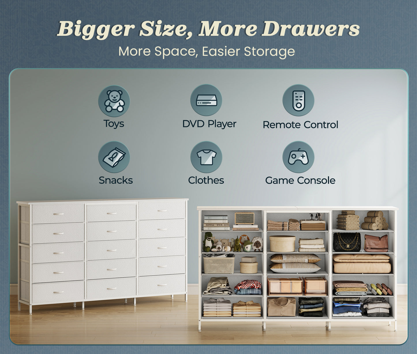 Huuger 63 Inch Long Dresser for Bedroom, TV Stand for 65, 70 Inch TV, 15 Drawer Dresser for Closet, Chest of Drawers, Large Fabric Drawers for Living Room, White