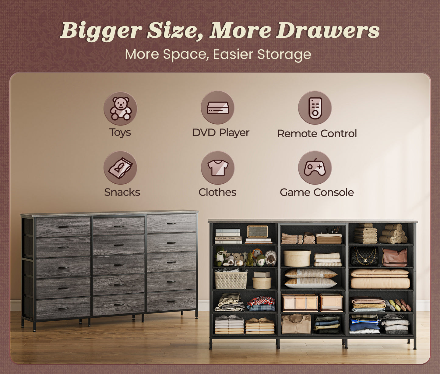 Huuger 63 Inch Long Dresser for Bedroom, TV Stand for 65, 70 Inch TV, 15 Drawer Dresser for Closet, Chest of Drawers, Large Fabric Drawers for Living Room, Grey