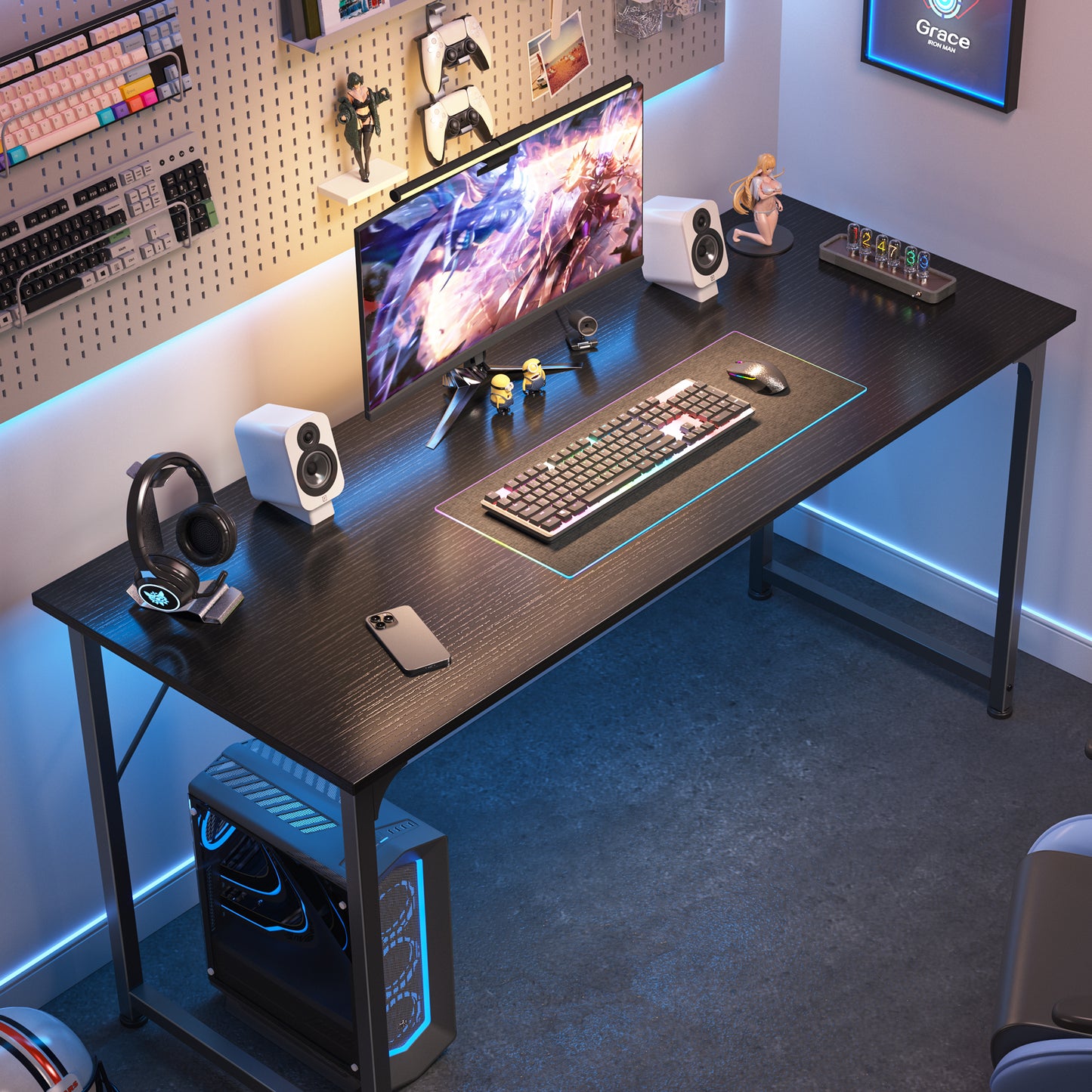Huuger Computer Desk, 55 Inch Office Desk, Gaming Desk with Storage, Writing Desk Work Desk for Home Office, Study, Modern Simple Desk, Large Legroom, Metal Frame, Black