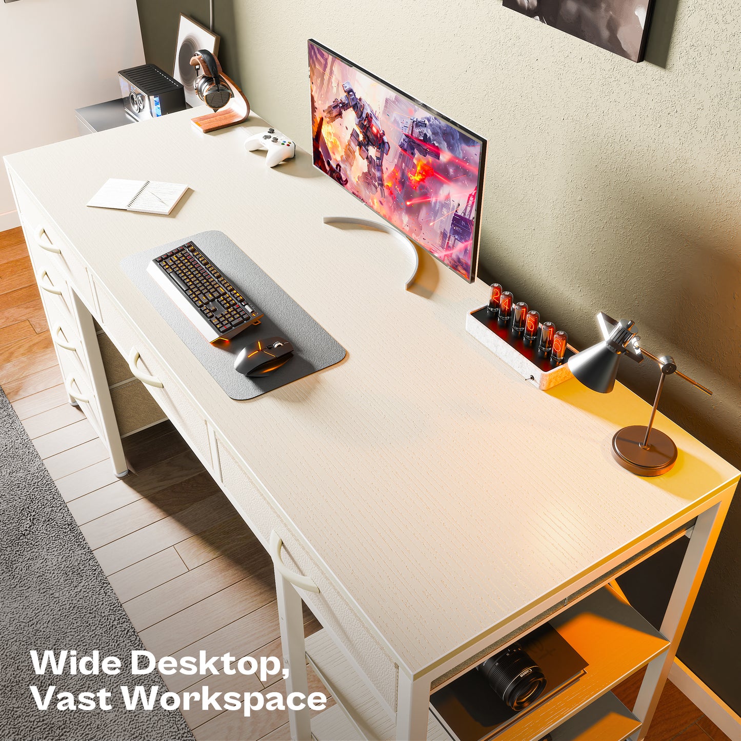 Huuger Computer Desk with 6 Drawers, 54 Inch Office Desk with Shelves, Reversible Gaming Desk, Corner Desk with Storage, Work Desk for Home Office, Study, Living Room, White