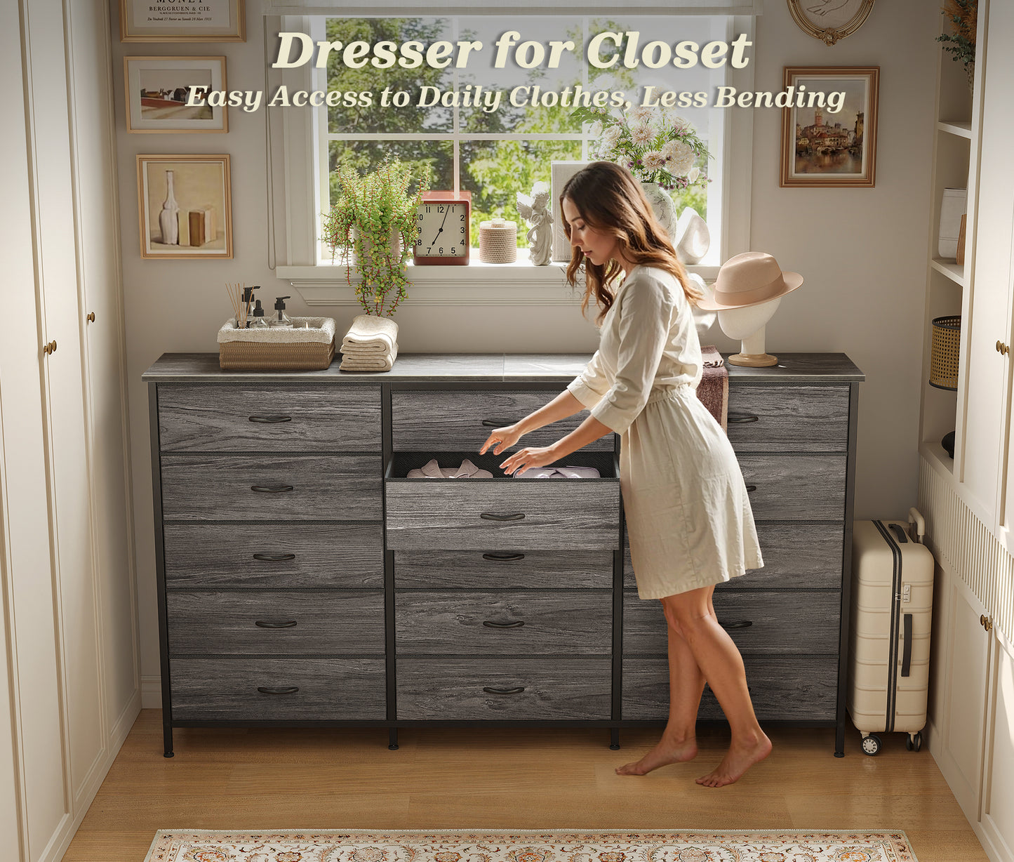 Huuger 63 Inch Long Dresser for Bedroom, TV Stand for 65, 70 Inch TV, 15 Drawer Dresser for Closet, Chest of Drawers, Large Fabric Drawers for Living Room, Grey