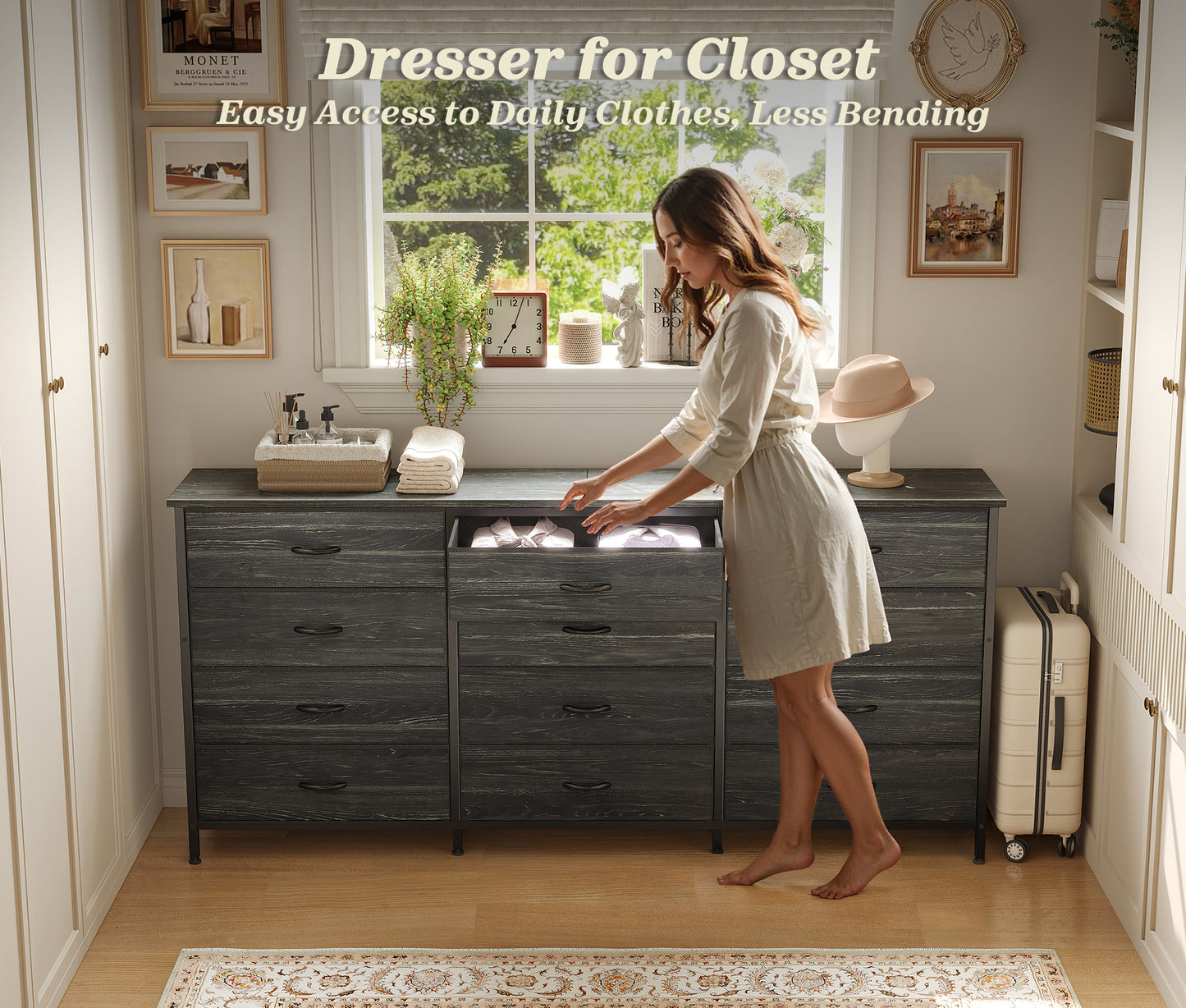 Huuger 63 Inch Long Dresser for Bedroom, TV Stand for 65, 70 Inch TV, 12 Drawer Dresser for Closet, Chest of Drawers, Large Fabric Drawers for Living Room, Charcoal Black