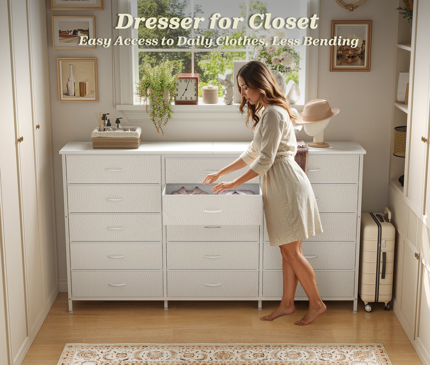 Huuger 63 Inch Long Dresser for Bedroom, TV Stand for 65, 70 Inch TV, 15 Drawer Dresser for Closet, Chest of Drawers, Large Fabric Drawers for Living Room, White