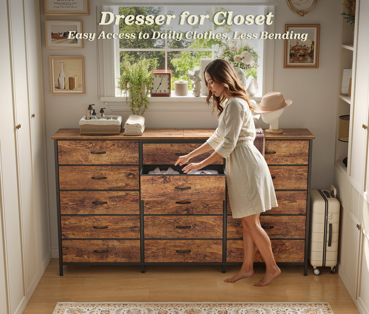 Huuger 63 Inch Long Dresser for Bedroom, TV Stand for 65, 70 Inch TV, 15 Drawer Dresser for Closet, Chest of Drawers, Large Fabric Drawers for Living Room, Rustic Brown