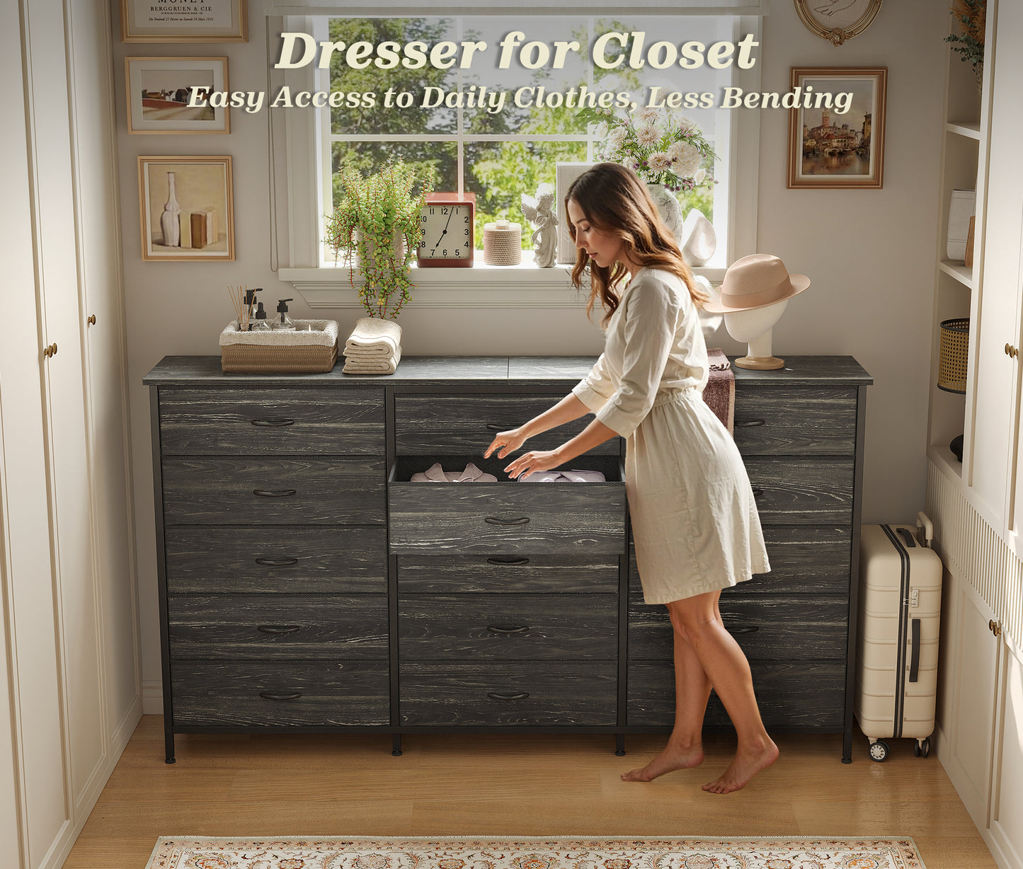 Huuger 63 Inch Long Dresser for Bedroom, TV Stand for 65, 70 Inch TV, 15 Drawer Dresser for Closet, Chest of Drawers, Large Fabric Drawers for Living Room, Charcoal Black
