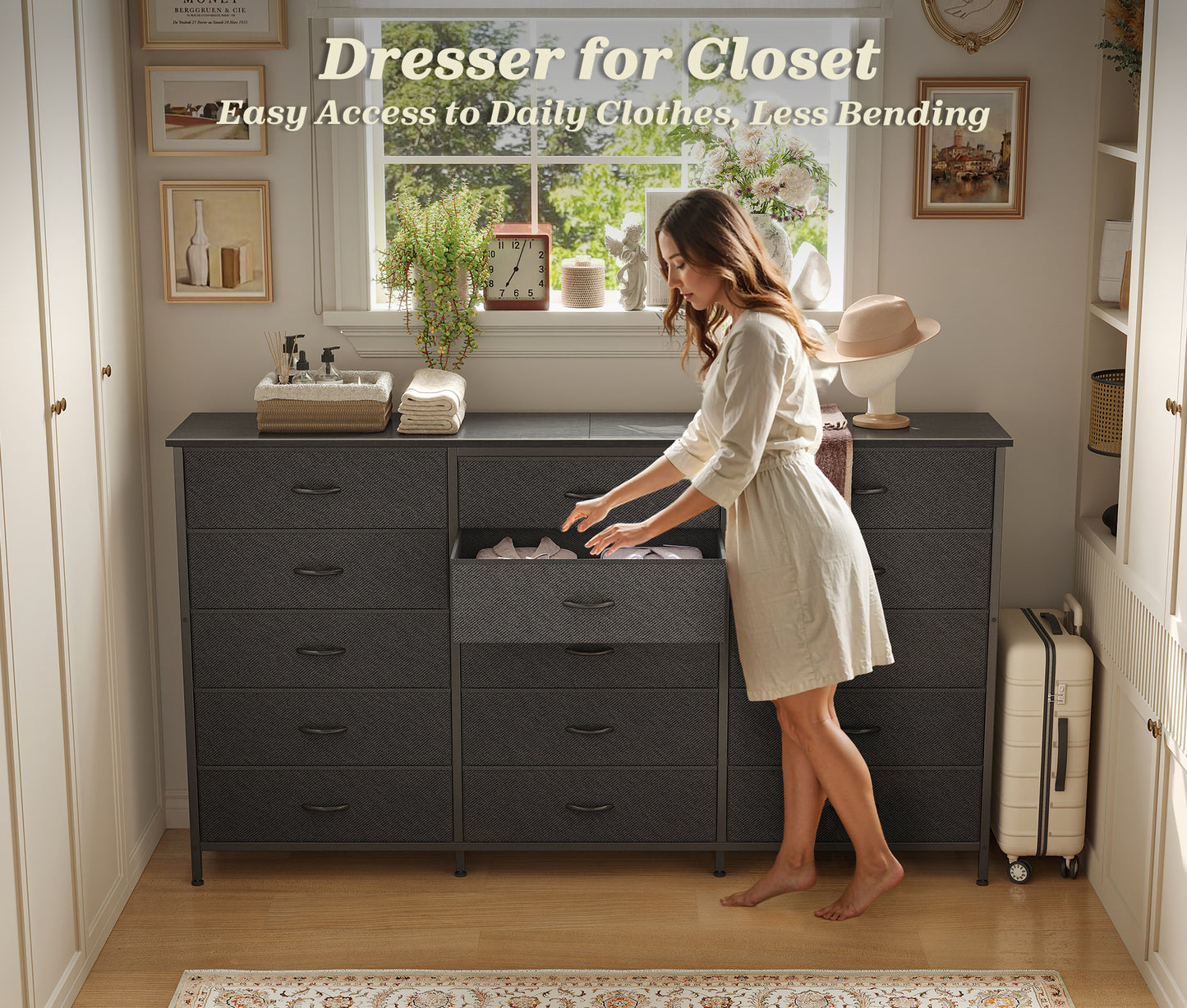 Huuger 63 Inch Long Dresser for Bedroom, TV Stand for 65, 70 Inch TV, 15 Drawer Dresser for Closet, Chest of Drawers, Large Fabric Drawers for Living Room, Black