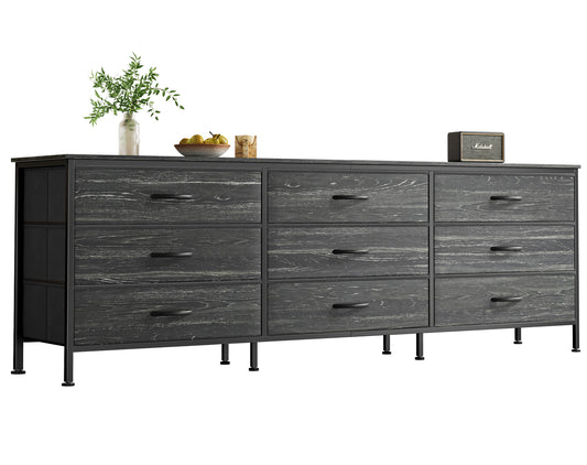 Huuger 9 Drawer Dresser, 63 Inch Dresser TV Stand for 55, 65, 70 Inch TV, Entertainment Center with Drawers, Large Long Fabric Dresser for Bedroom, Closet, Charcoal Black Wood Grain Print