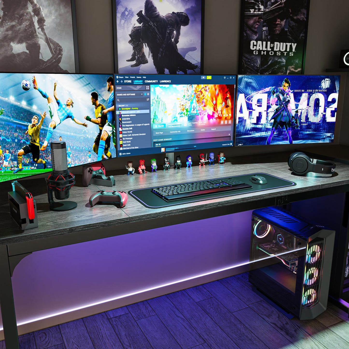Huuger Computer Gaming Desk, 63 Inch Office Desk With Storage, Writing Work Surface for Home Office, Study, Modern Simple Style, Large Legroom, Metal Frame, Grey