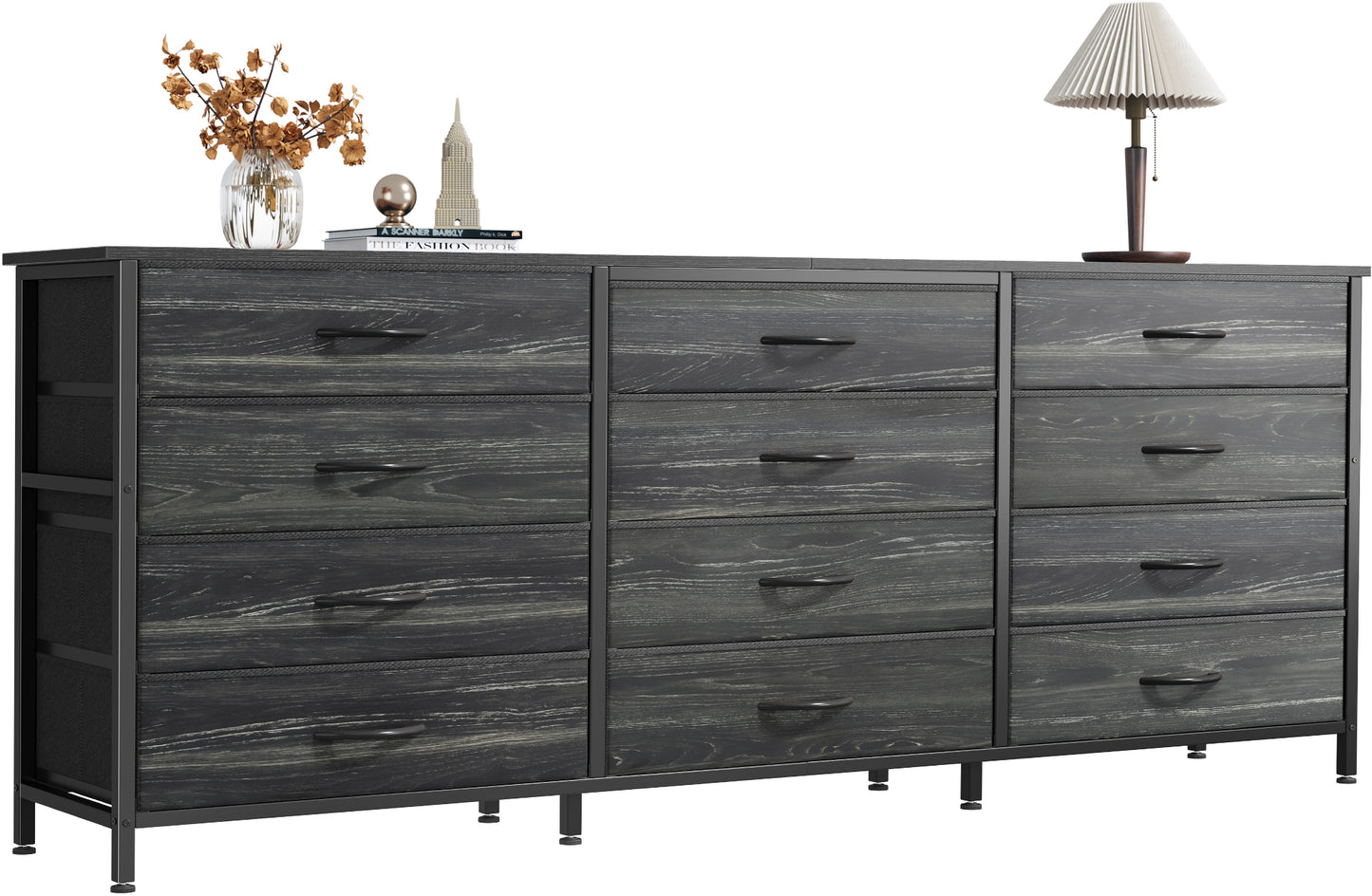 Huuger 63 Inch Long Dresser for Bedroom, TV Stand for 65, 70 Inch TV, 12 Drawer Dresser for Closet, Chest of Drawers, Large Fabric Drawers for Living Room, Charcoal Black