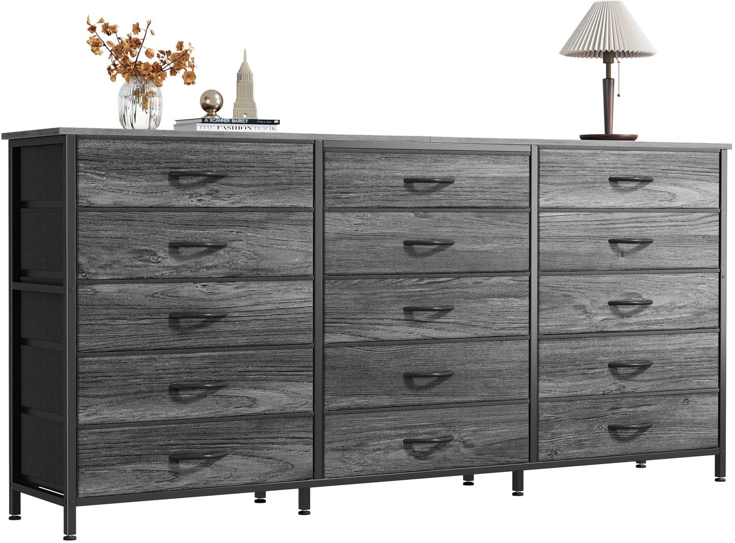 Huuger 63 Inch Long Dresser for Bedroom, TV Stand for 65, 70 Inch TV, 15 Drawer Dresser for Closet, Chest of Drawers, Large Fabric Drawers for Living Room, Grey