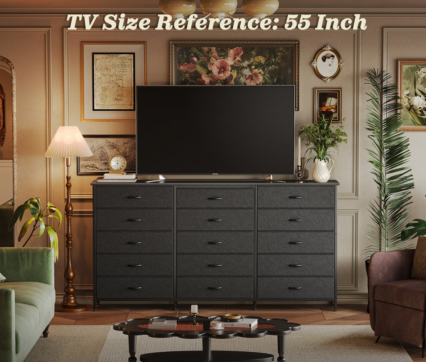 Huuger 63 Inch Long Dresser for Bedroom, TV Stand for 65, 70 Inch TV, 15 Drawer Dresser for Closet, Chest of Drawers, Large Fabric Drawers for Living Room, Black