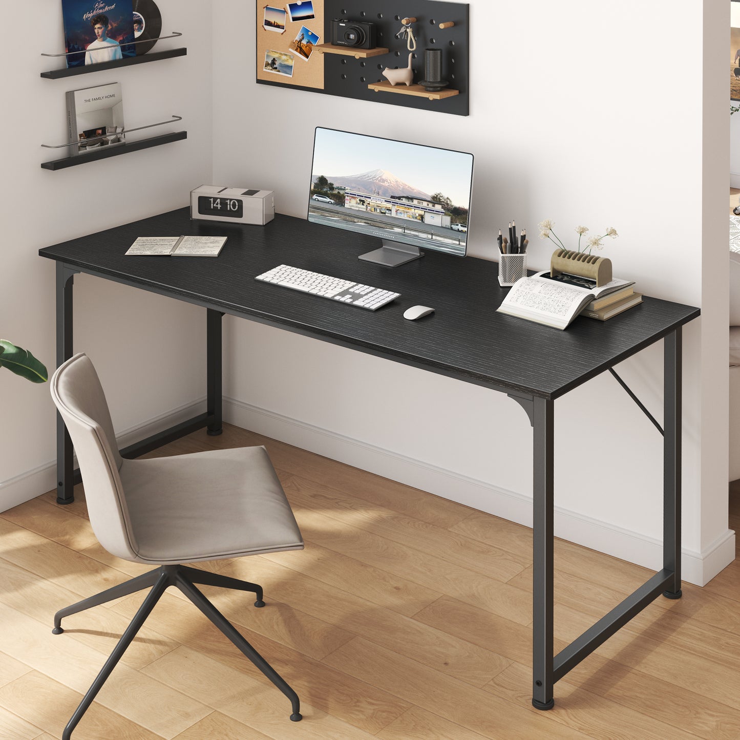 Huuger Computer Desk, 55 Inch Office Desk, Gaming Desk with Storage, Writing Desk Work Desk for Home Office, Study, Modern Simple Desk, Large Legroom, Metal Frame, Black