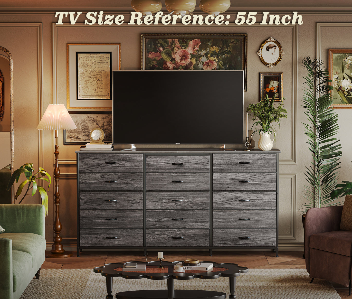 Huuger 63 Inch Long Dresser for Bedroom, TV Stand for 65, 70 Inch TV, 15 Drawer Dresser for Closet, Chest of Drawers, Large Fabric Drawers for Living Room, Grey