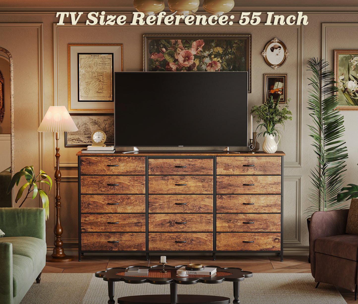 Huuger 63 Inch Long Dresser for Bedroom, TV Stand for 65, 70 Inch TV, 15 Drawer Dresser for Closet, Chest of Drawers, Large Fabric Drawers for Living Room, Rustic Brown