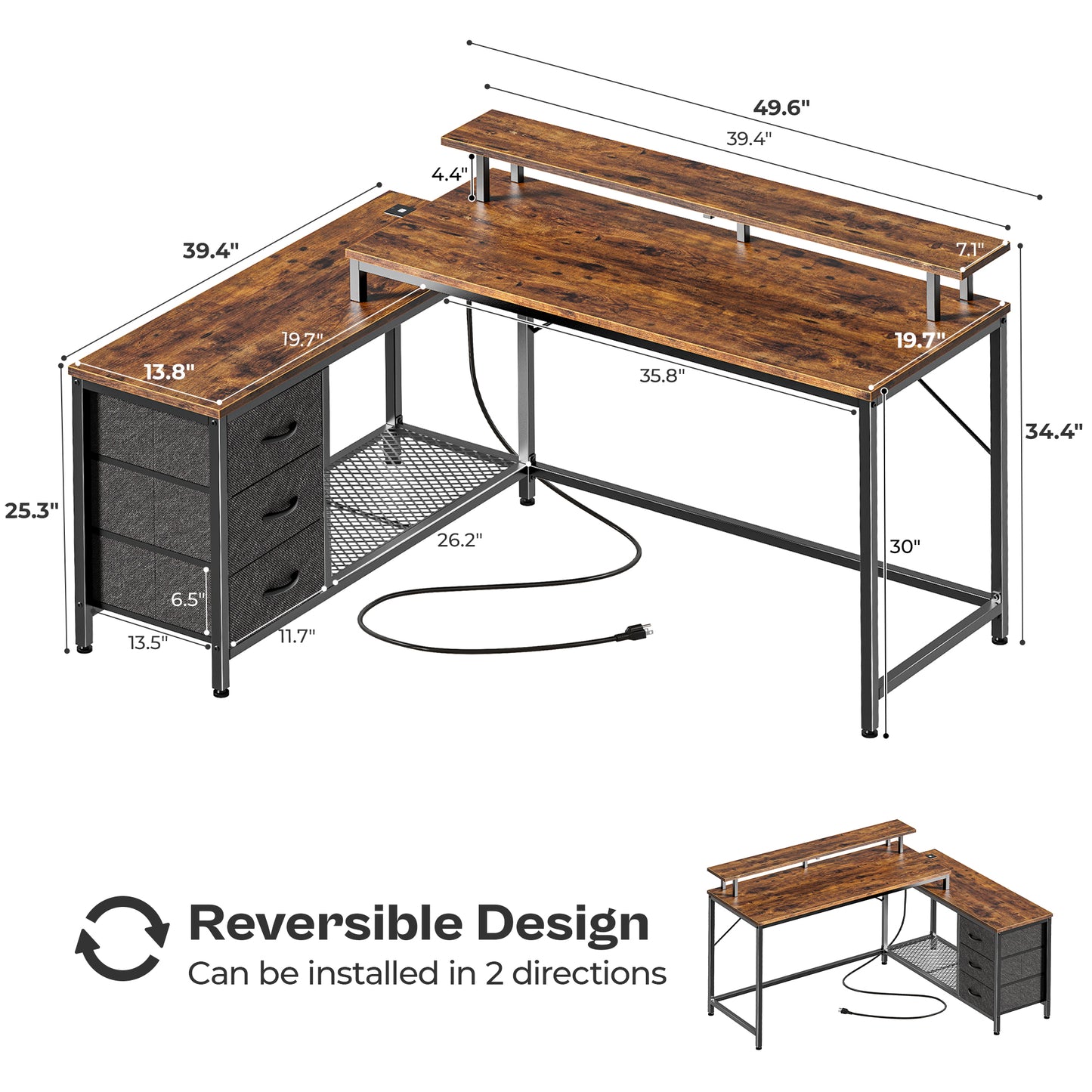 Huuger L Shaped Computer Desk with LED Lights and Power Outlets, Gaming Desk with Drawers & Storage Shelf, Reversible Corner Desk with Monitor Stand, Rustic Brown