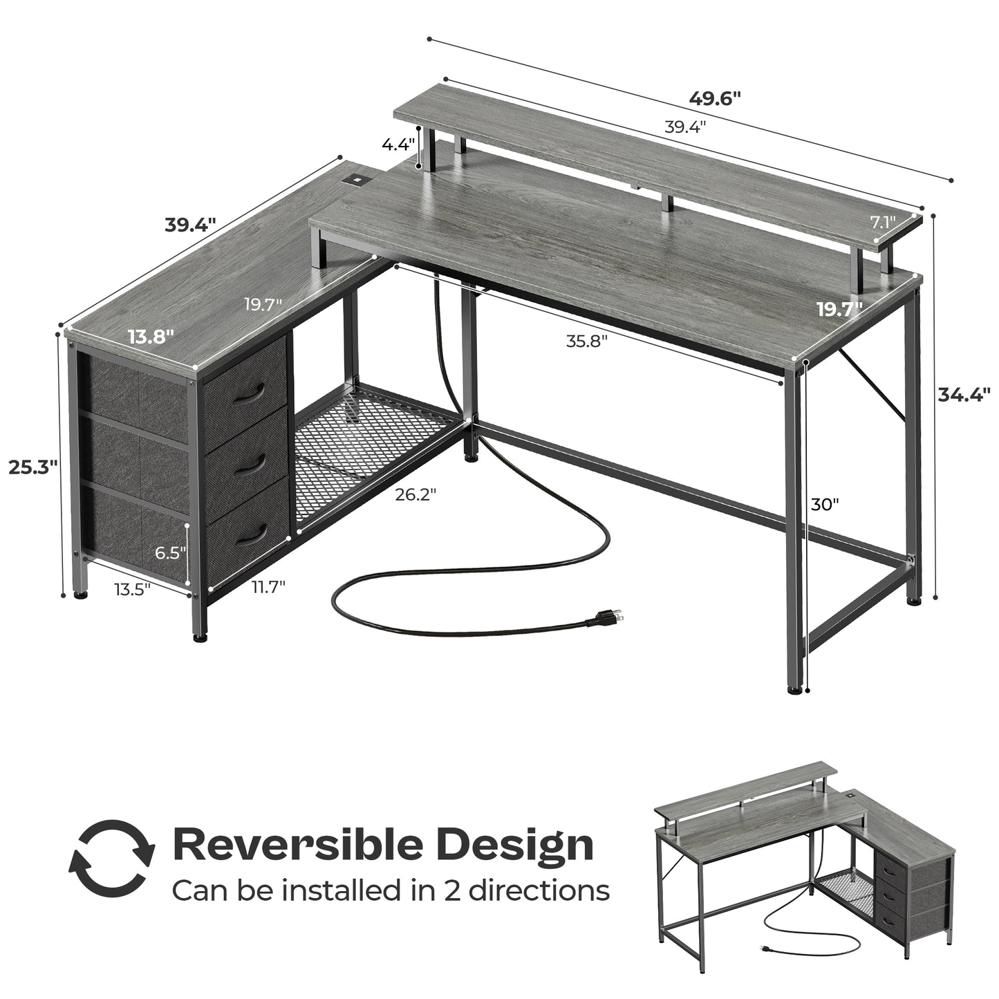 Huuger L Shaped Computer Desk with LED Lights and Power Outlets, Gaming Desk with Drawers & Storage Shelf, Reversible Corner Desk with Monitor Stand, Gray