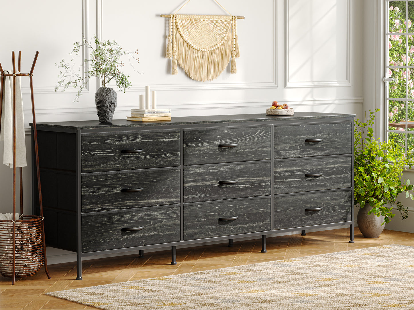 Huuger 9 Drawer Dresser, 63 Inch Dresser TV Stand for 55, 65, 70 Inch TV, Entertainment Center with Drawers, Large Long Fabric Dresser for Bedroom, Closet, Charcoal Black Wood Grain Print