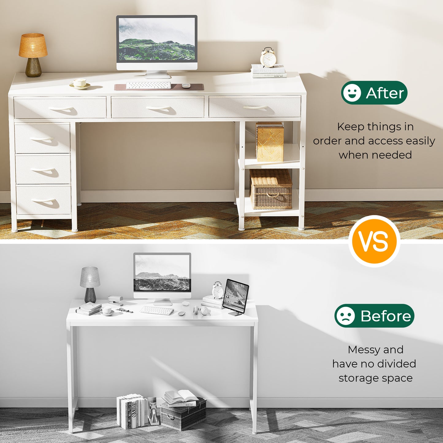 Huuger Computer Desk with 6 Drawers, 54 Inch Office Desk with Shelves, Reversible Gaming Desk, Corner Desk with Storage, Work Desk for Home Office, Study, Living Room, White