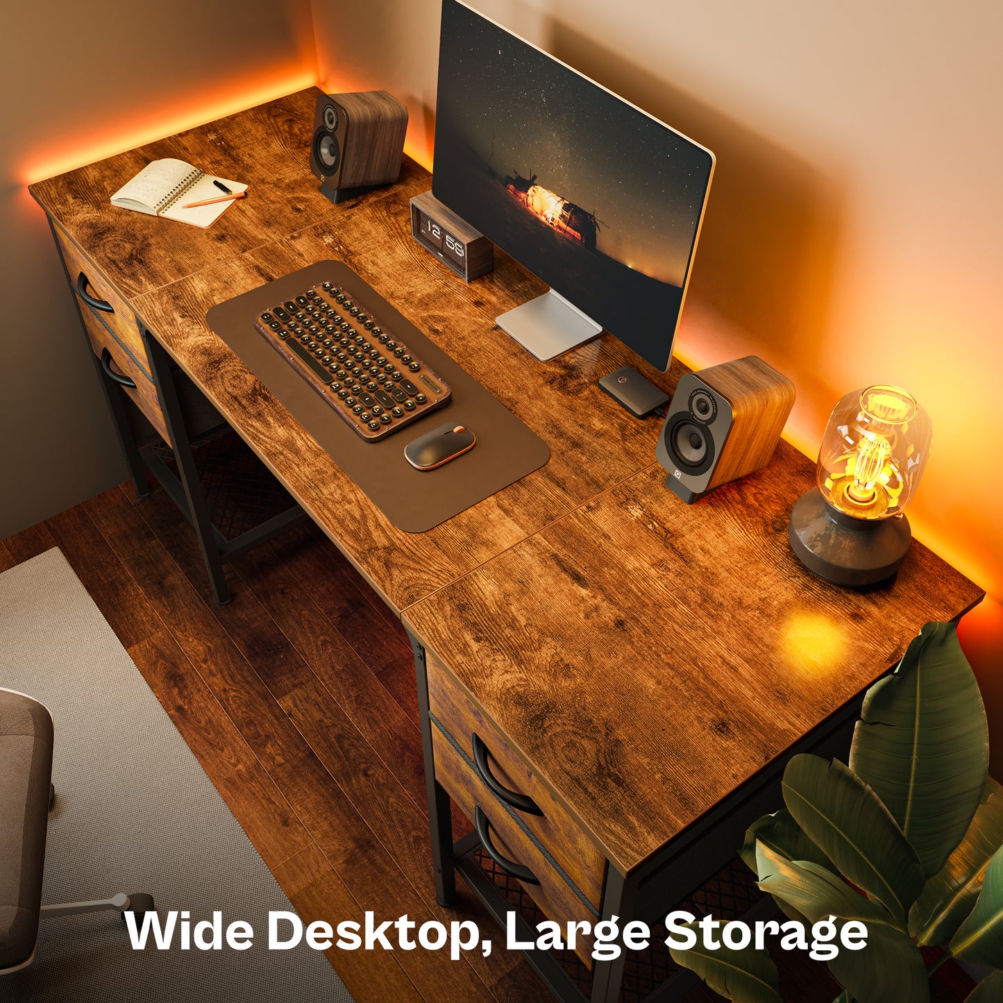 Huuger 55 Inch Computer Desk with 4 Drawers, Office Desk with Mesh Shelf, Gaming Desk, Large Storage, Writing Desk Work Desk for Home Office, Study, Bedroom, Work from Home, Rustic Brown
