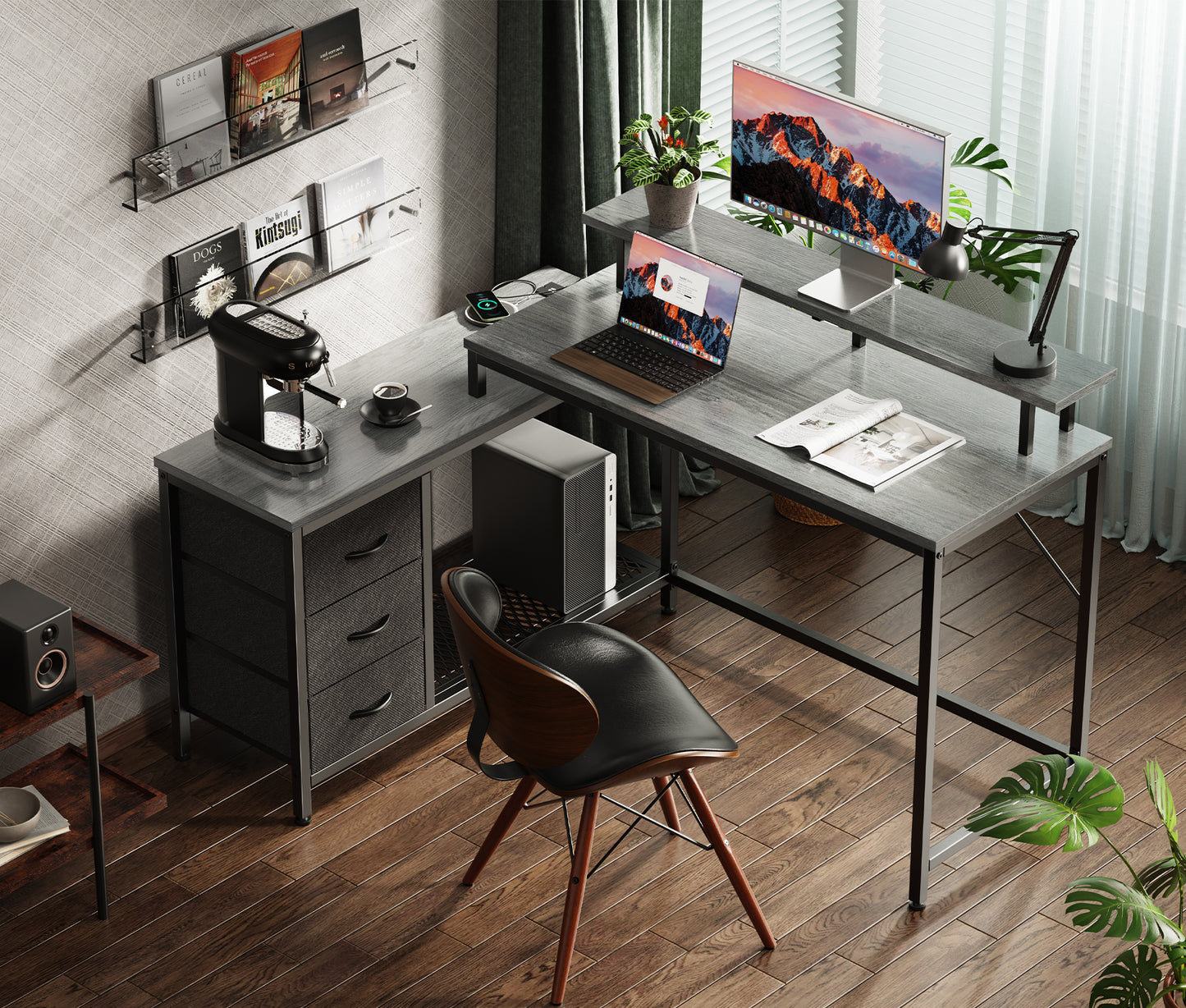 Huuger L Shaped Computer Desk with LED Lights and Power Outlets, Gaming Desk with Drawers & Storage Shelf, Reversible Corner Desk with Monitor Stand, Gray
