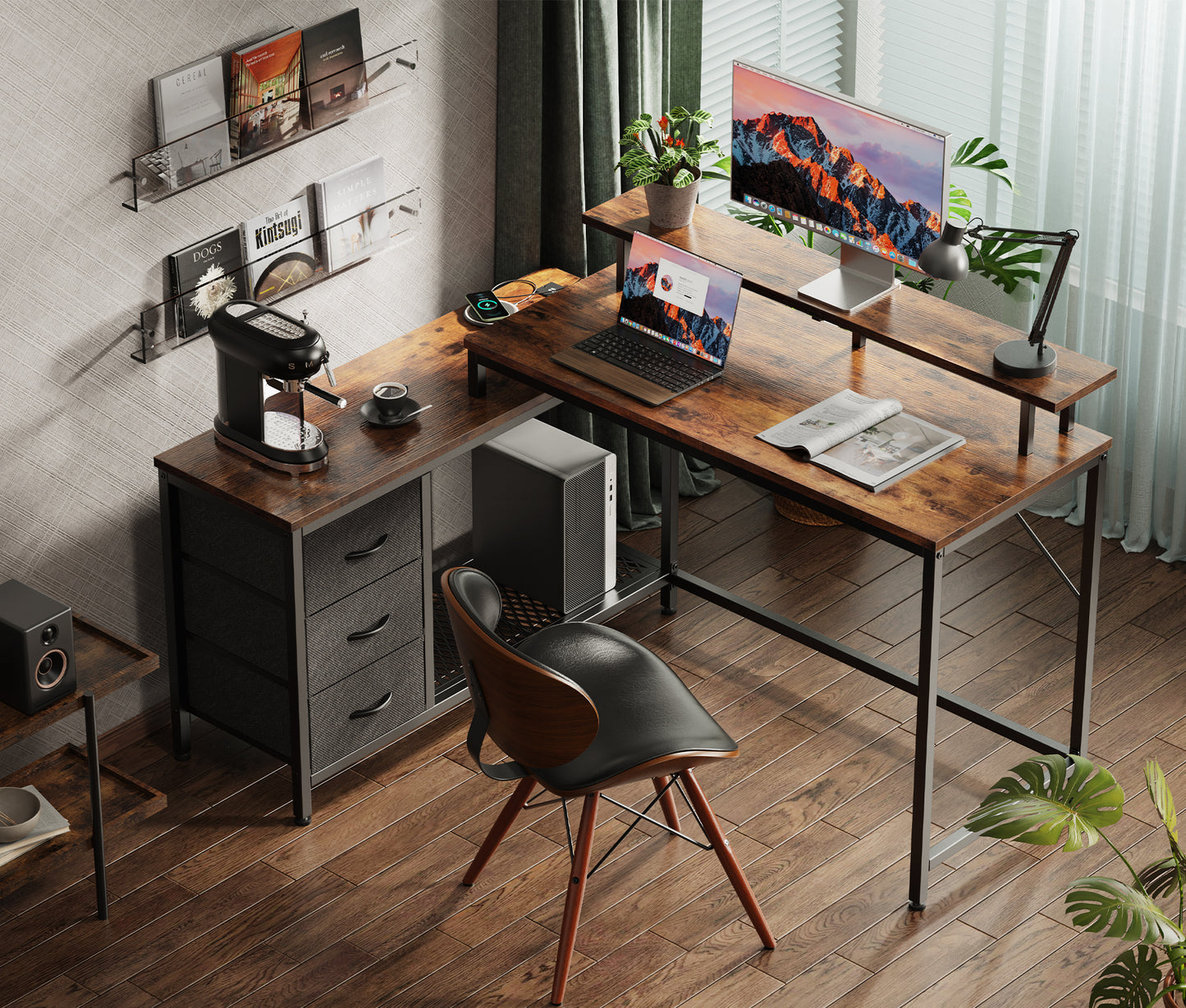 Huuger L Shaped Computer Desk with LED Lights and Power Outlets, Gaming Desk with Drawers & Storage Shelf, Reversible Corner Desk with Monitor Stand, Rustic Brown