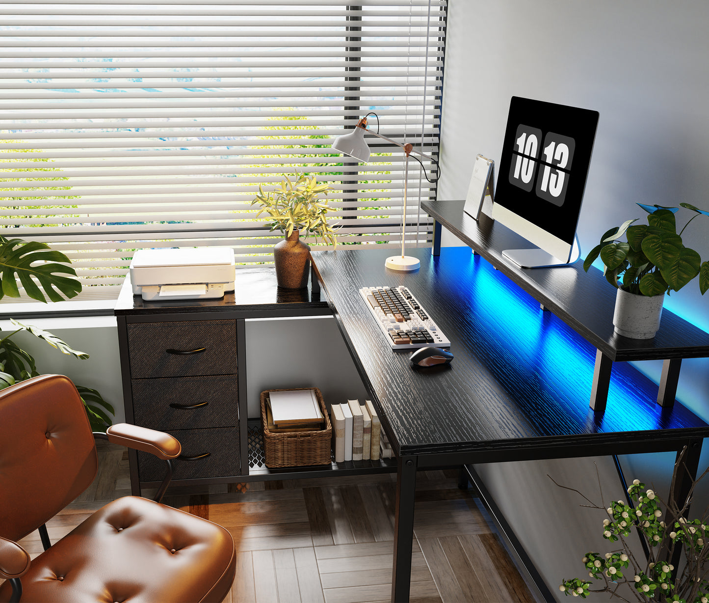 Huuger L Shaped Computer Desk with LED Lights and Power Outlets, Gaming Desk with Drawers & Storage Shelf, Reversible Corner Desk with Monitor Stand, Black