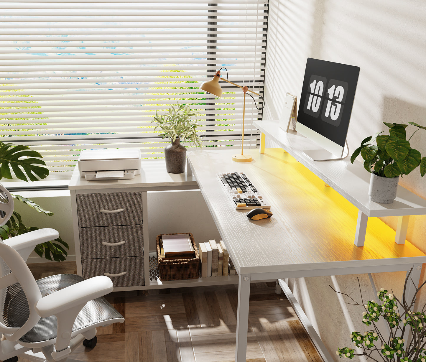 Huuger L Shaped Computer Desk with LED Lights and Power Outlets, Gaming Desk with Drawers & Storage Shelf, Reversible Corner Desk with Monitor Stand, White