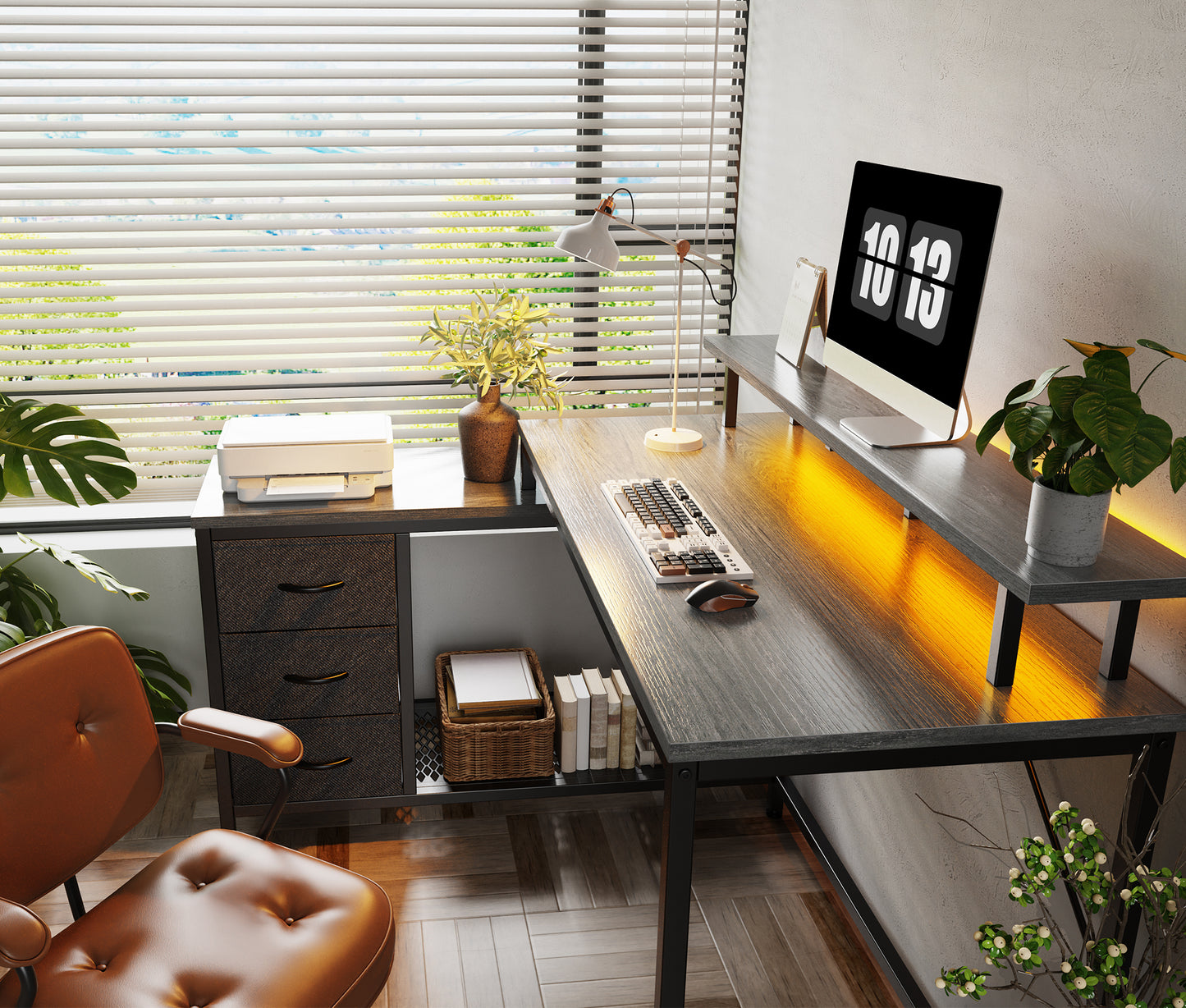 Huuger L Shaped Computer Desk with LED Lights and Power Outlets, Gaming Desk with Drawers & Storage Shelf, Reversible Corner Desk with Monitor Stand, Gray