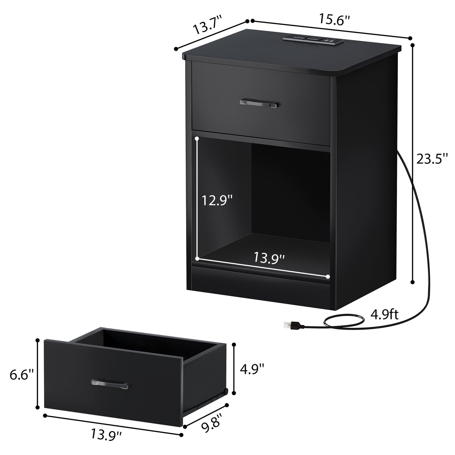 Huuger Nightstands Set of 2, Night Stands with Charging Station & LED Light Strips, Bedside Tables with Drawer, Side Tables Bedroom, Open Storage, Black