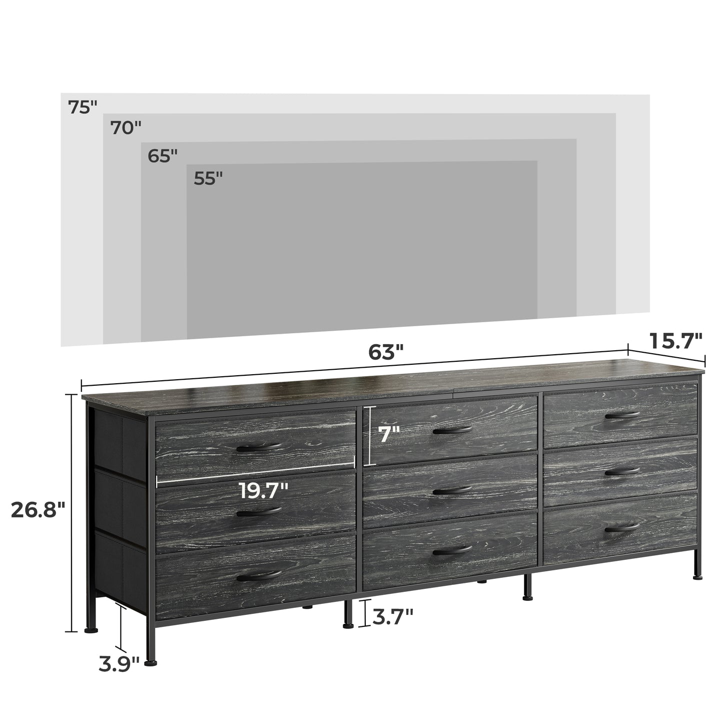Huuger 9 Drawer Dresser, 63 Inch Dresser TV Stand for 55, 65, 70 Inch TV, Entertainment Center with Drawers, Large Long Fabric Dresser for Bedroom, Closet, Charcoal Black Wood Grain Print