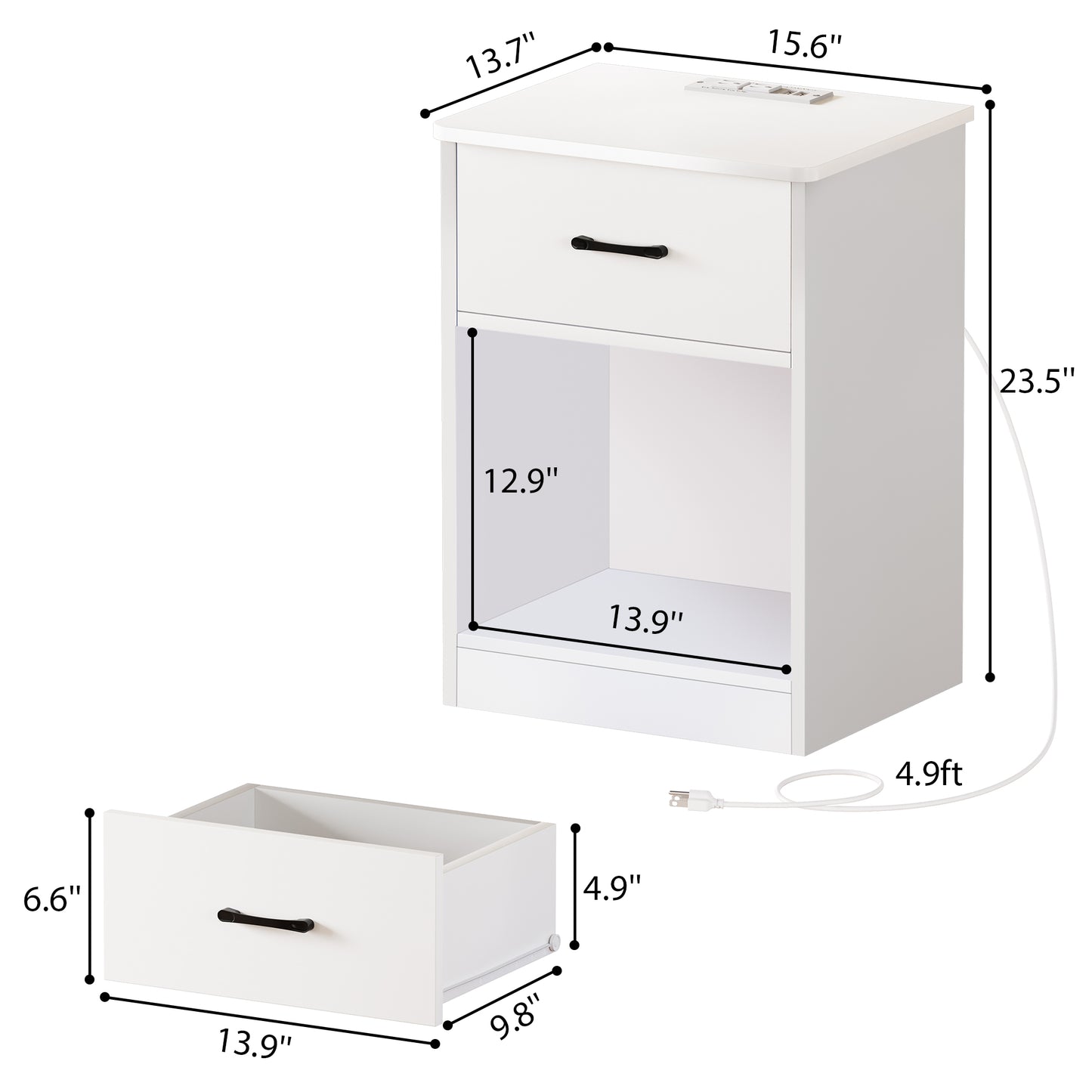 Huuger Nightstands Set of 2, Night Stands with Charging Station & LED Light Strips, Bedside Tables with Drawer, Side Tables Bedroom, Open Storage, White