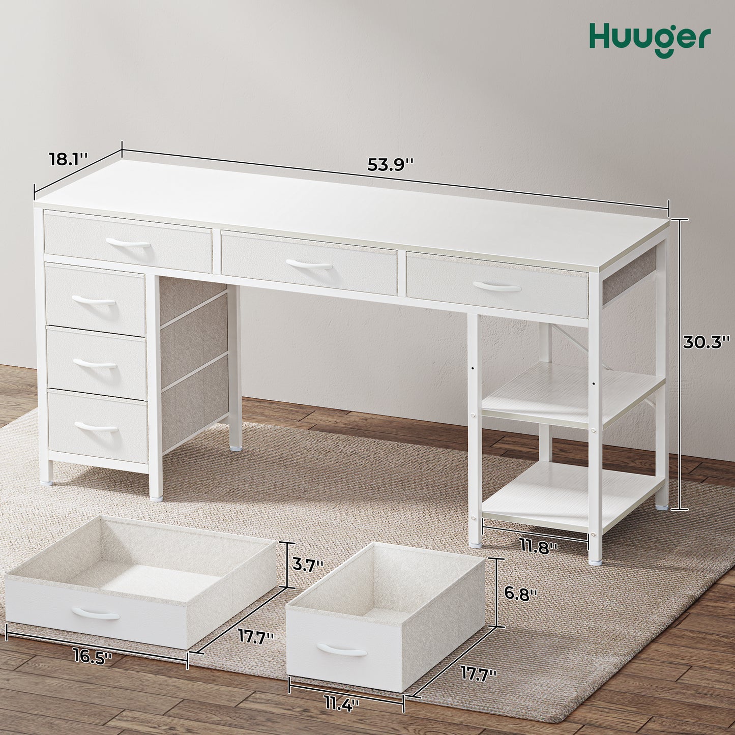 Huuger Computer Desk with 6 Drawers, 54 Inch Office Desk with Shelves, Reversible Gaming Desk, Corner Desk with Storage, Work Desk for Home Office, Study, Living Room, White
