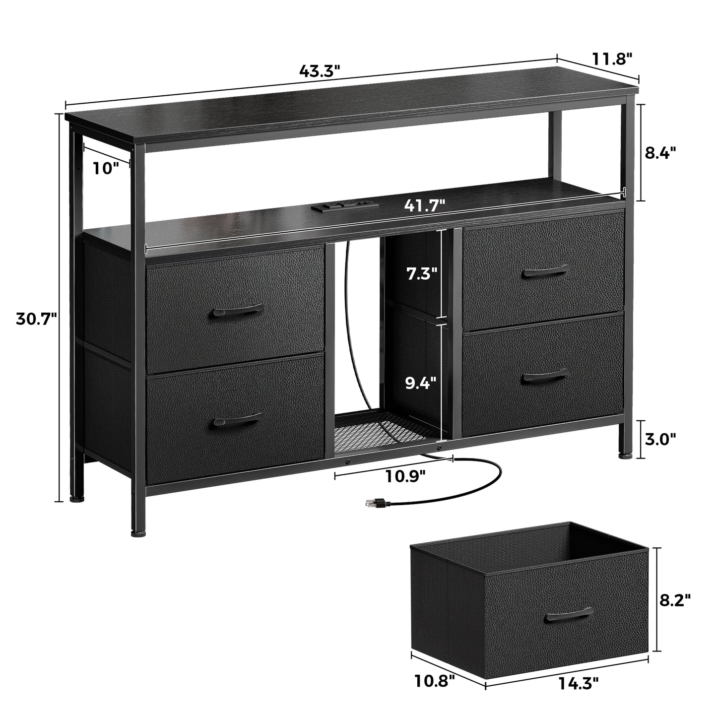 Huuger TV Stand Dresser with Power Outlets and LED Lights, 4 Drawers Entertainment Center with Open Shelf, Media Console for 50 43 Inch TV, Dresser with PU Finish, Black
