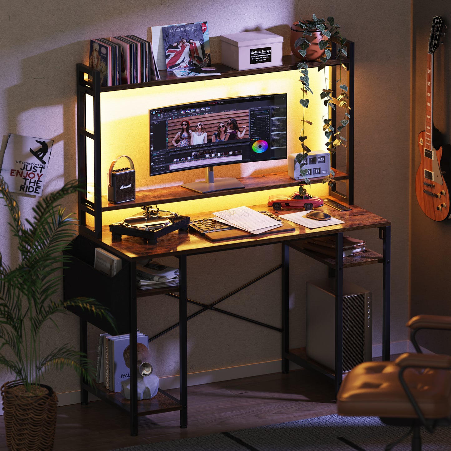 Huuger 47 inch Computer Desk with Adjustable Shelves, Gaming Desk with LED Lights & Power Outlets, Home Office Desk with Monitor Stand, Hooks & CPU Stand, Rustic Brown