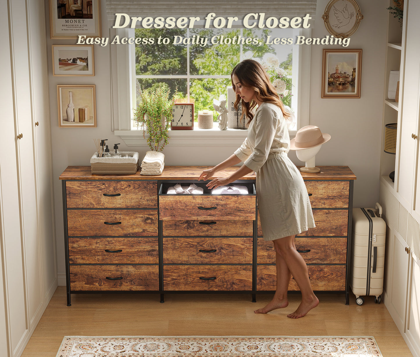 Huuger 63 Inch Long Dresser for Bedroom, TV Stand for 65, 70 Inch TV, 12 Drawer Dresser for Closet, Chest of Drawers, Large Fabric Drawers for Bedroom, Media Console, Rustic Brown