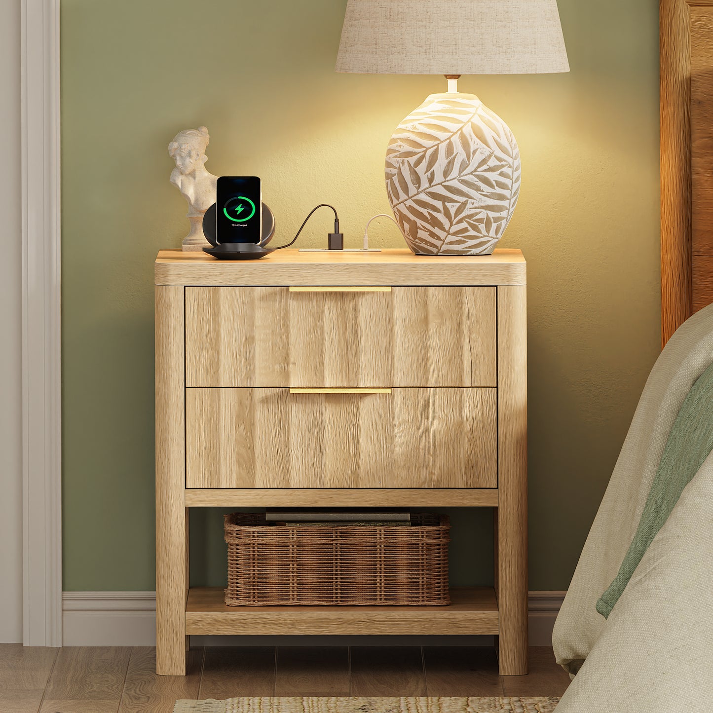 Huuger 27.6 Inch Tall Night Stands with Charger Station, USB-C Port, Fluted Nightstand Set of 2, Larger Wider Bed Side Table with 2 Deep Drawers, Open Shelf, Bedroom Living Room End Table, Natural