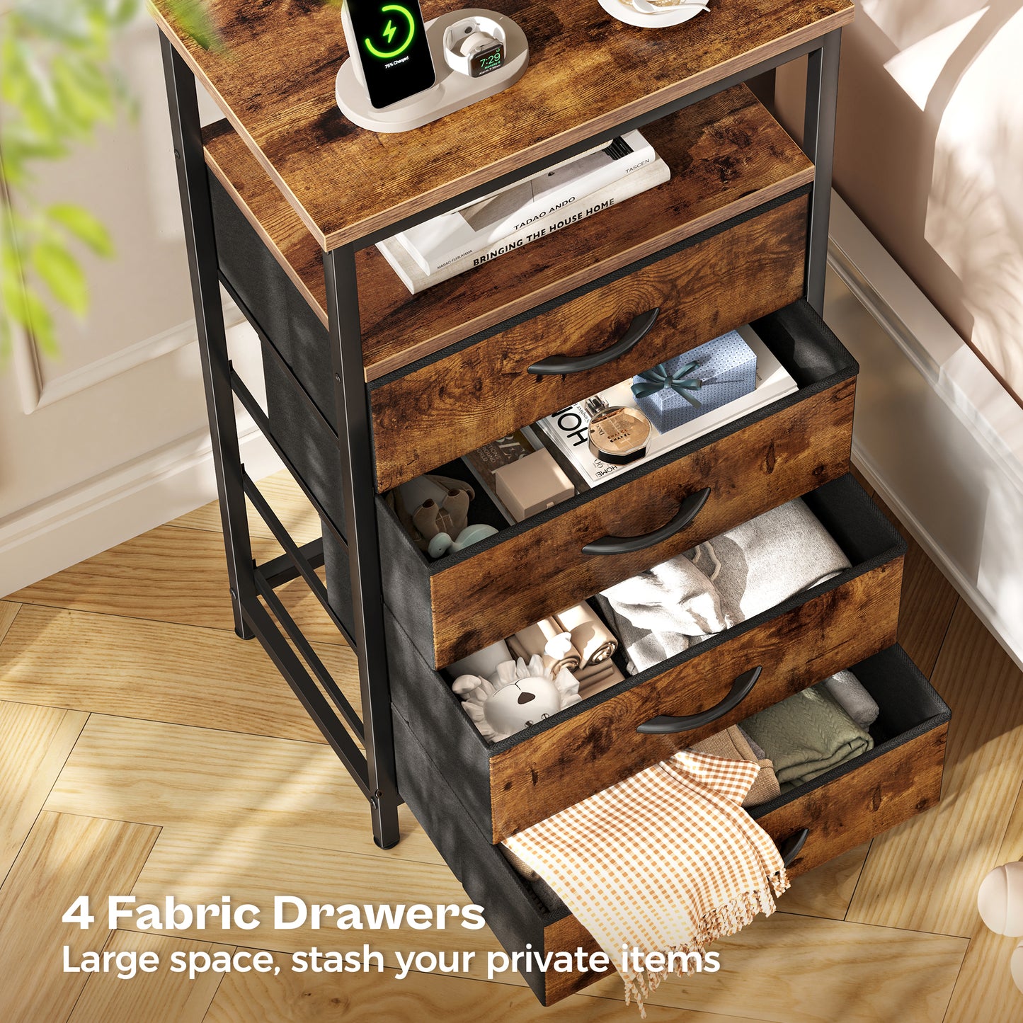 Huuger Night Stand with Charging Station, 4 Drawer Dresser for Bedroom, Bedside Table, 33.9 Inch Tall Nightstand with Open Shelf, End Table, for Closet, Entryway, Bedroom, Rustic Brown